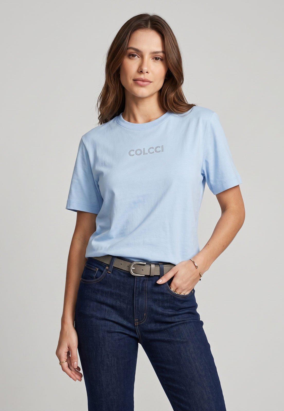 Camiseta Feminina Colcci Logo Pedraria Azul