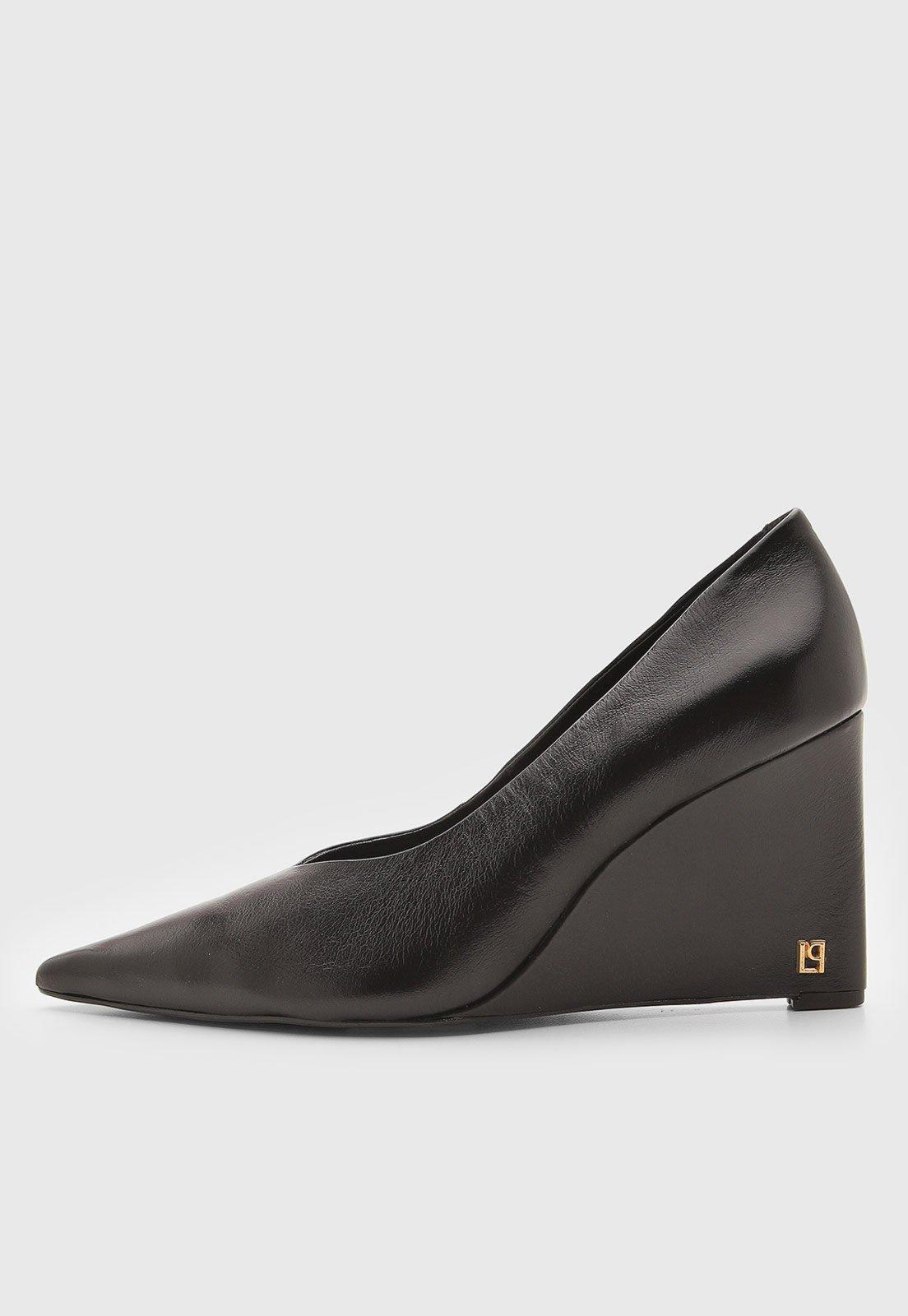 Scarpin Feminino Lança Perfume Couro Bico Fino Anabela Preto