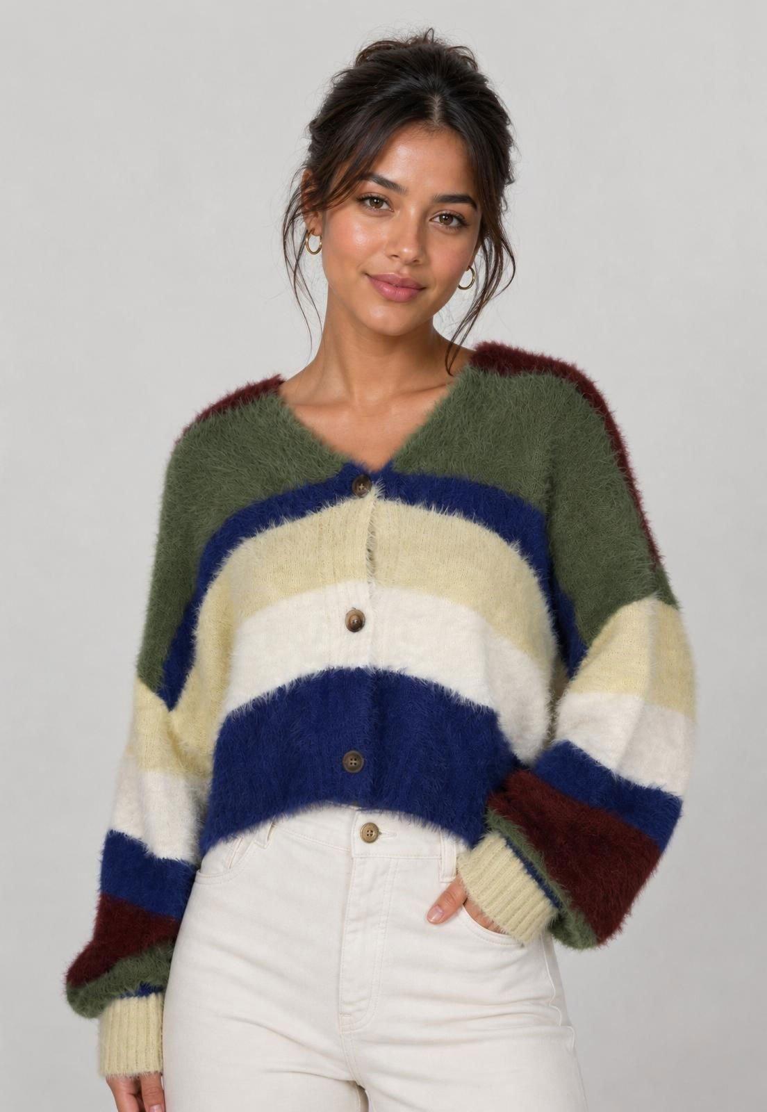 Cardigan Feminino FARM Cropped Listrado Verde