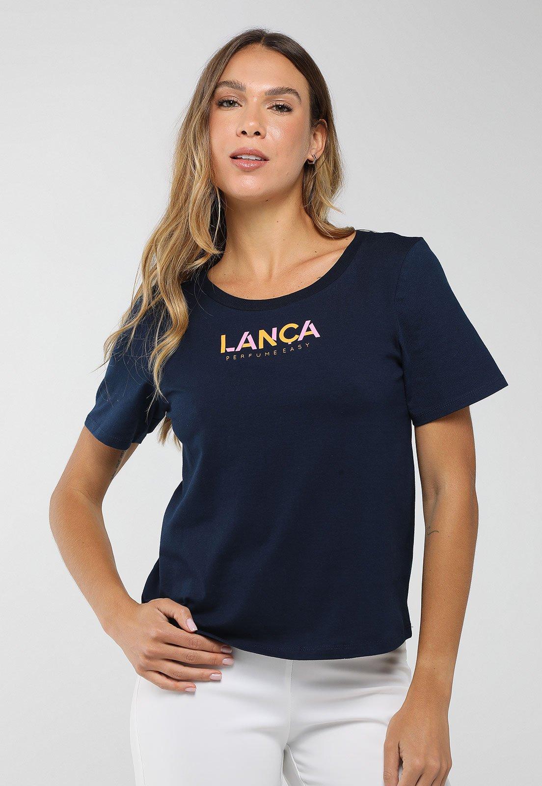 Camiseta Feminina Lança Perfume Estampa Logo Azul Marinho