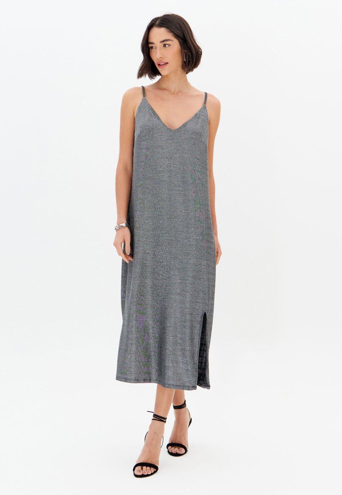 Vestido Lança Perfume Alças Finas Decote V Prata