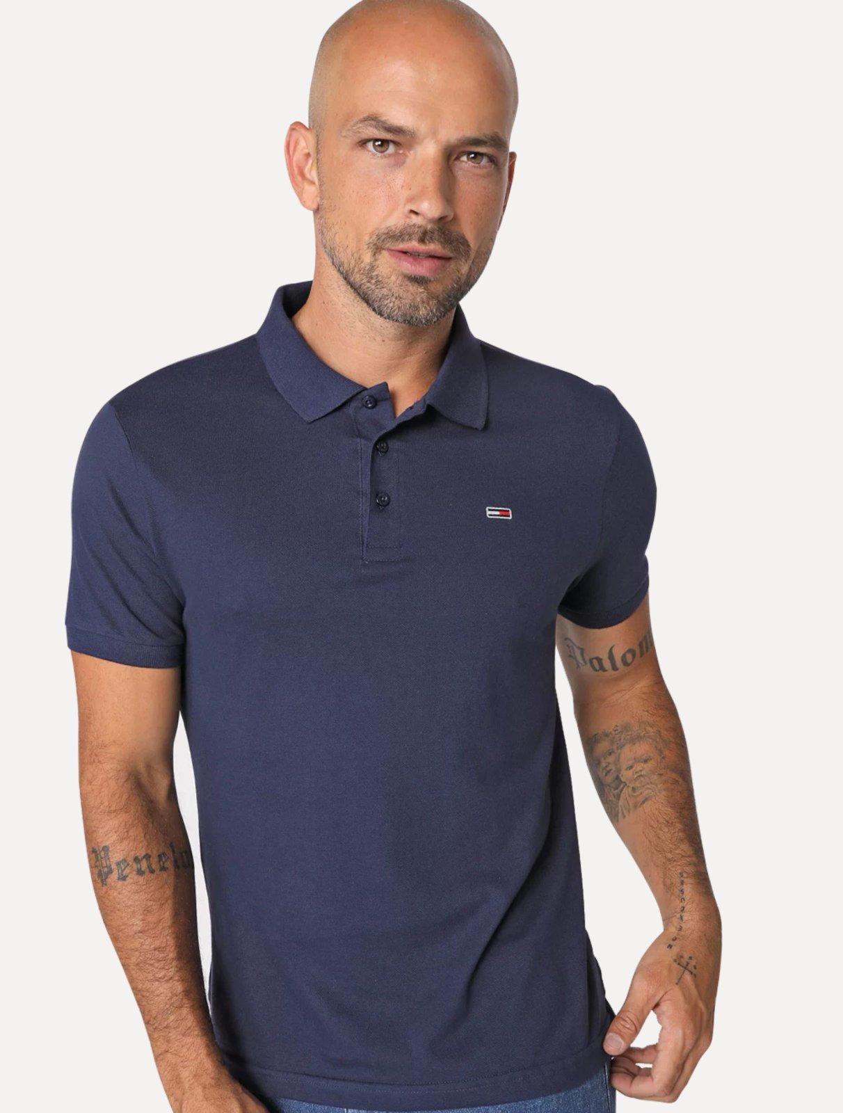 Polo Tommy Jeans Masculina Regular Original Fine Piquet Azul Marinho