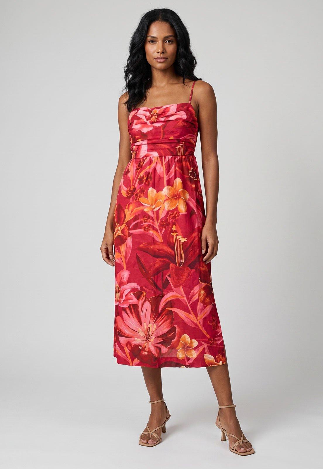Vestido Feminino FARM Midi Floral Vermelho