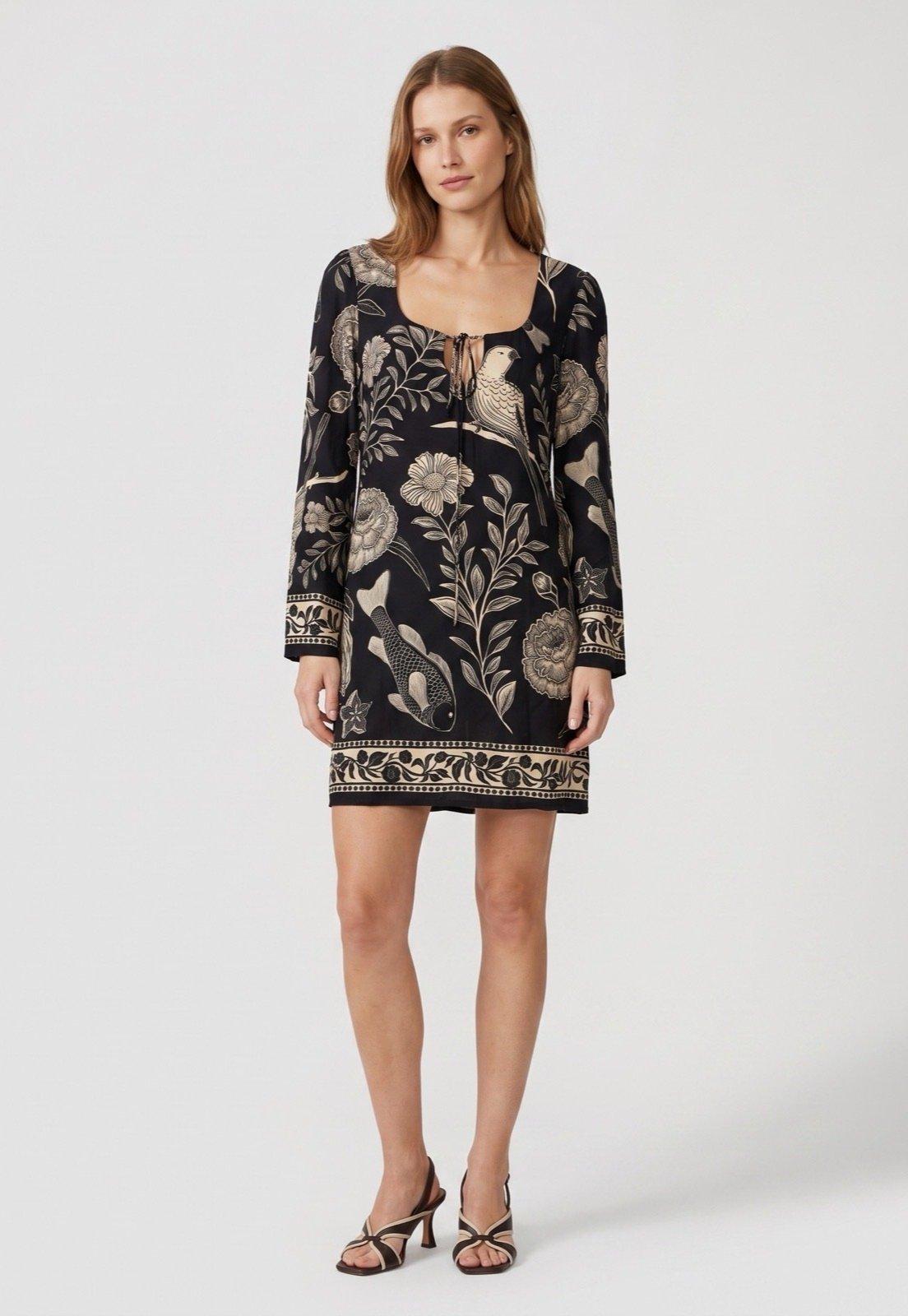 Vestido Feminino FARM Estampado Manga Longa Preto