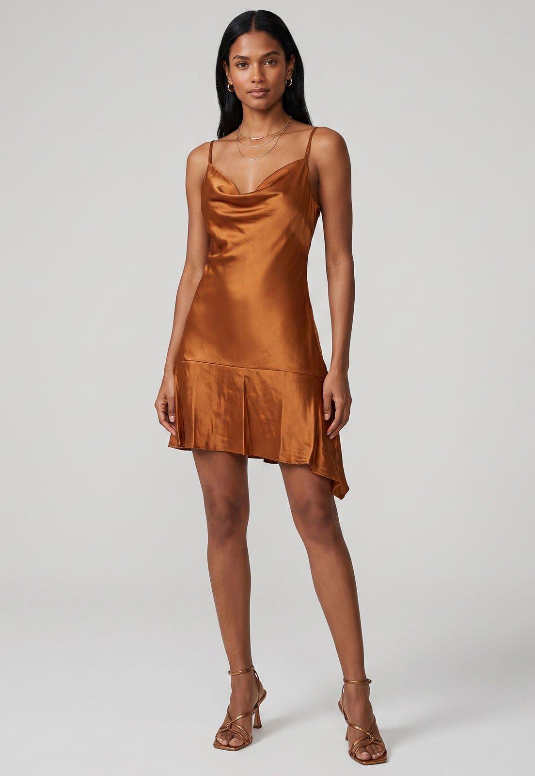Vestido Colcci Alças Finas Assimétrico Viscose Caramelo