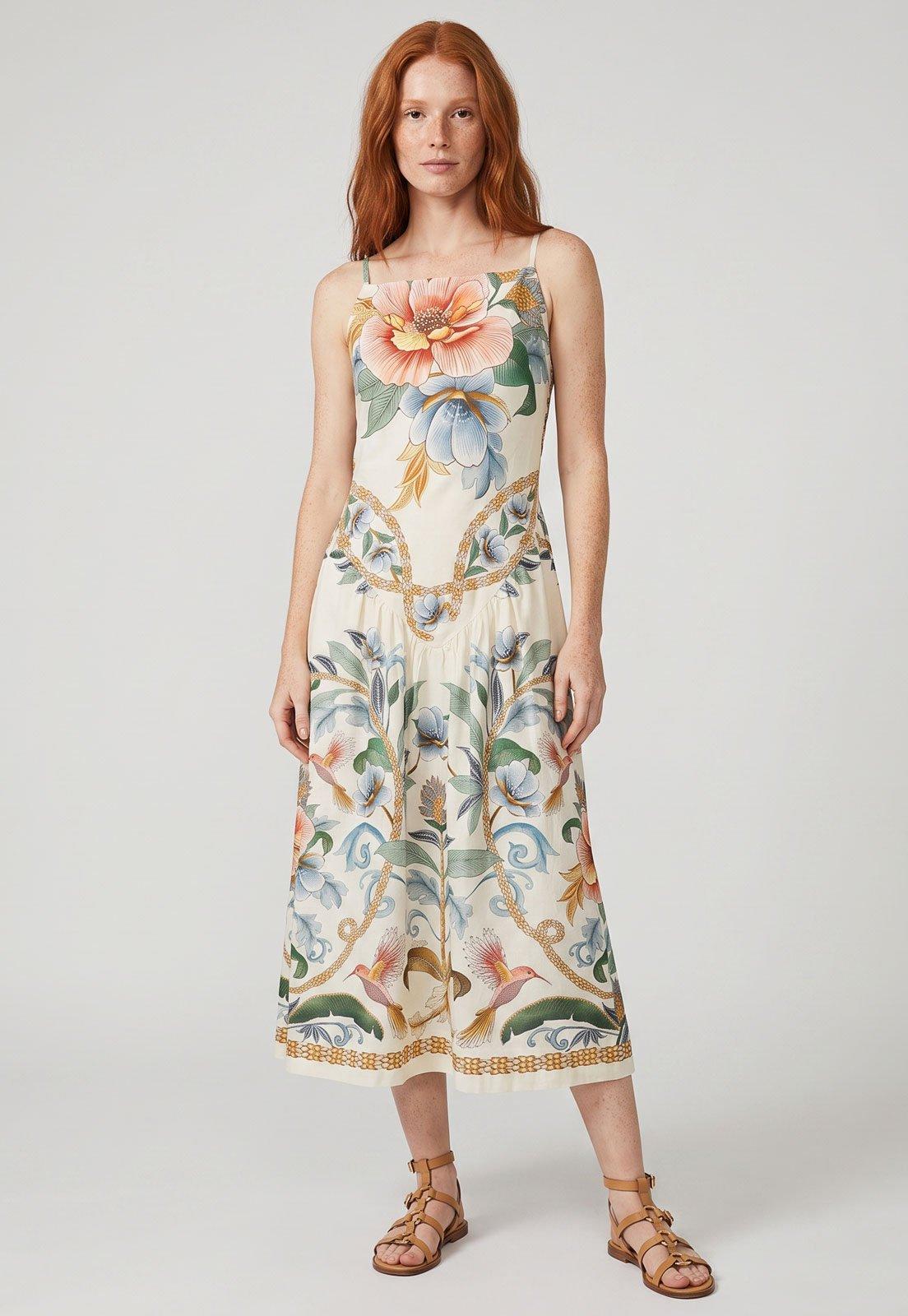 Vestido Feminino FARM Midi Alças Finas Floral Off-White