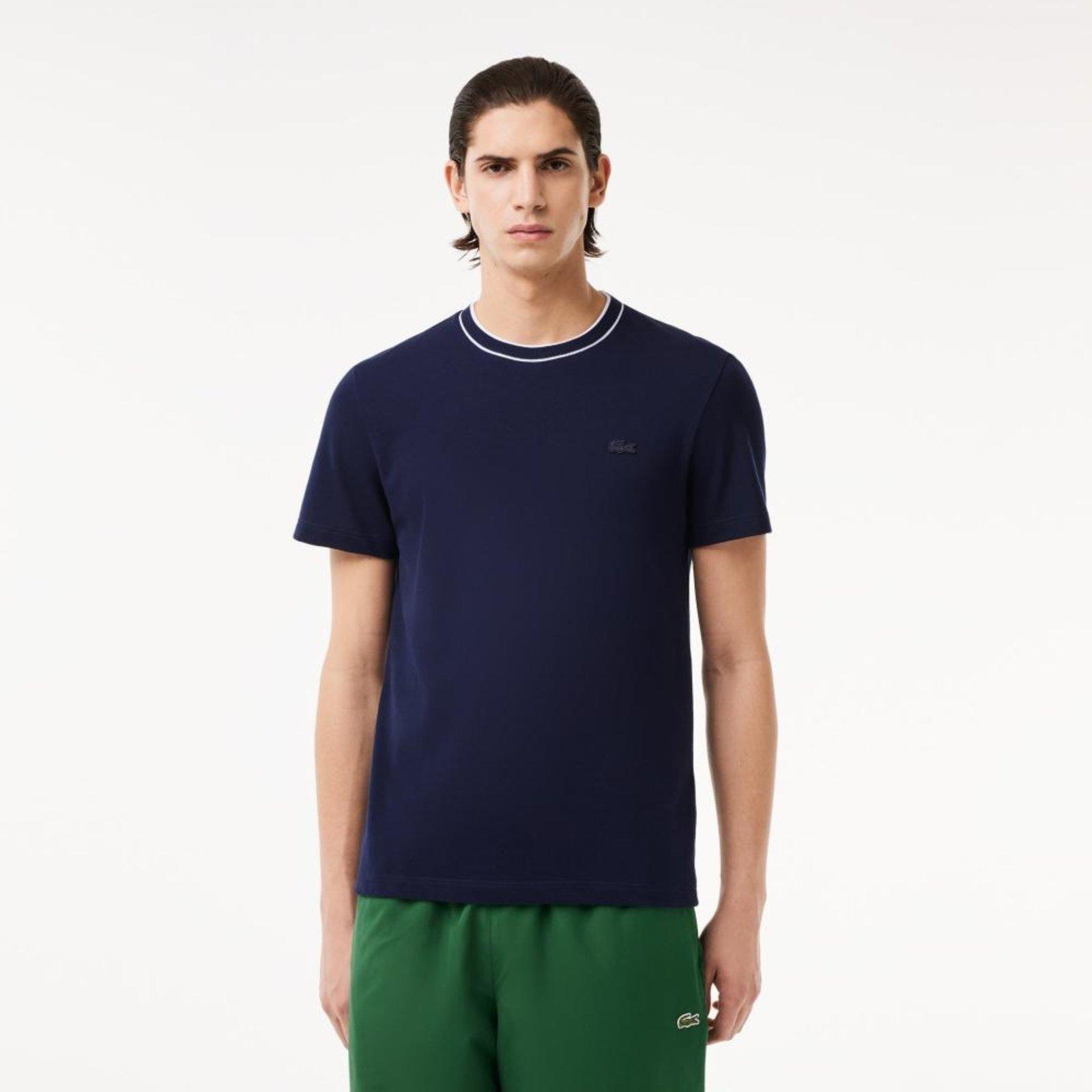Camiseta com Gola Listrada em Piqué e Tecido Elástico Azul