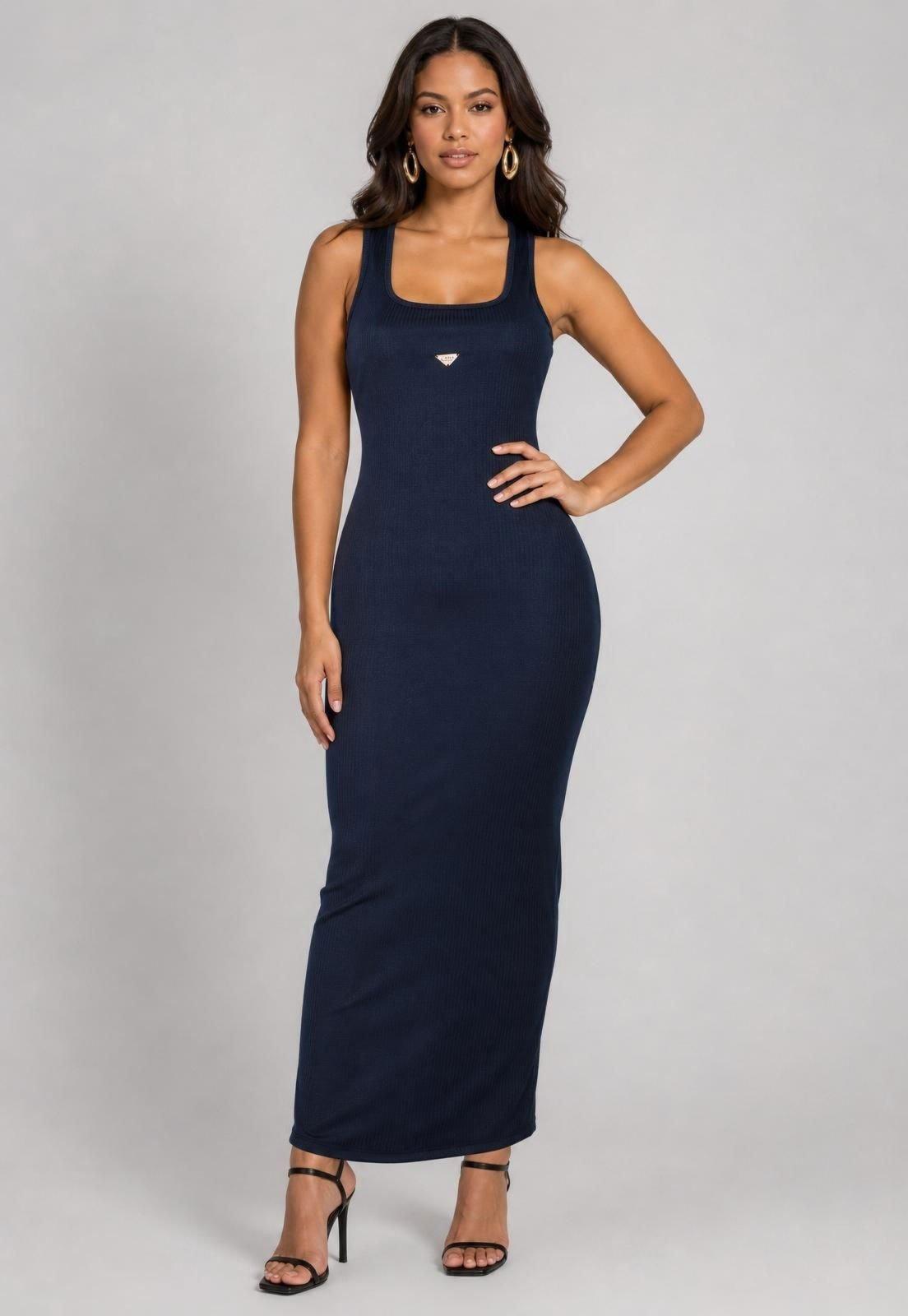 Vestido Feminino Lança Perfume Longo Canelado Azul-Marinho