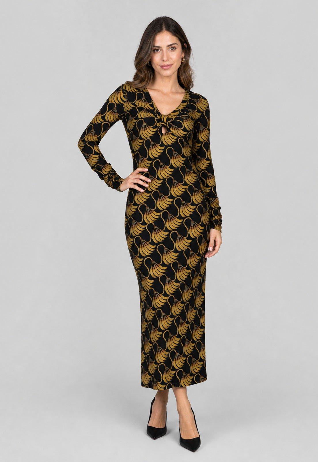Vestido Feminino FARM Midi Manga Longa Bananas Preto