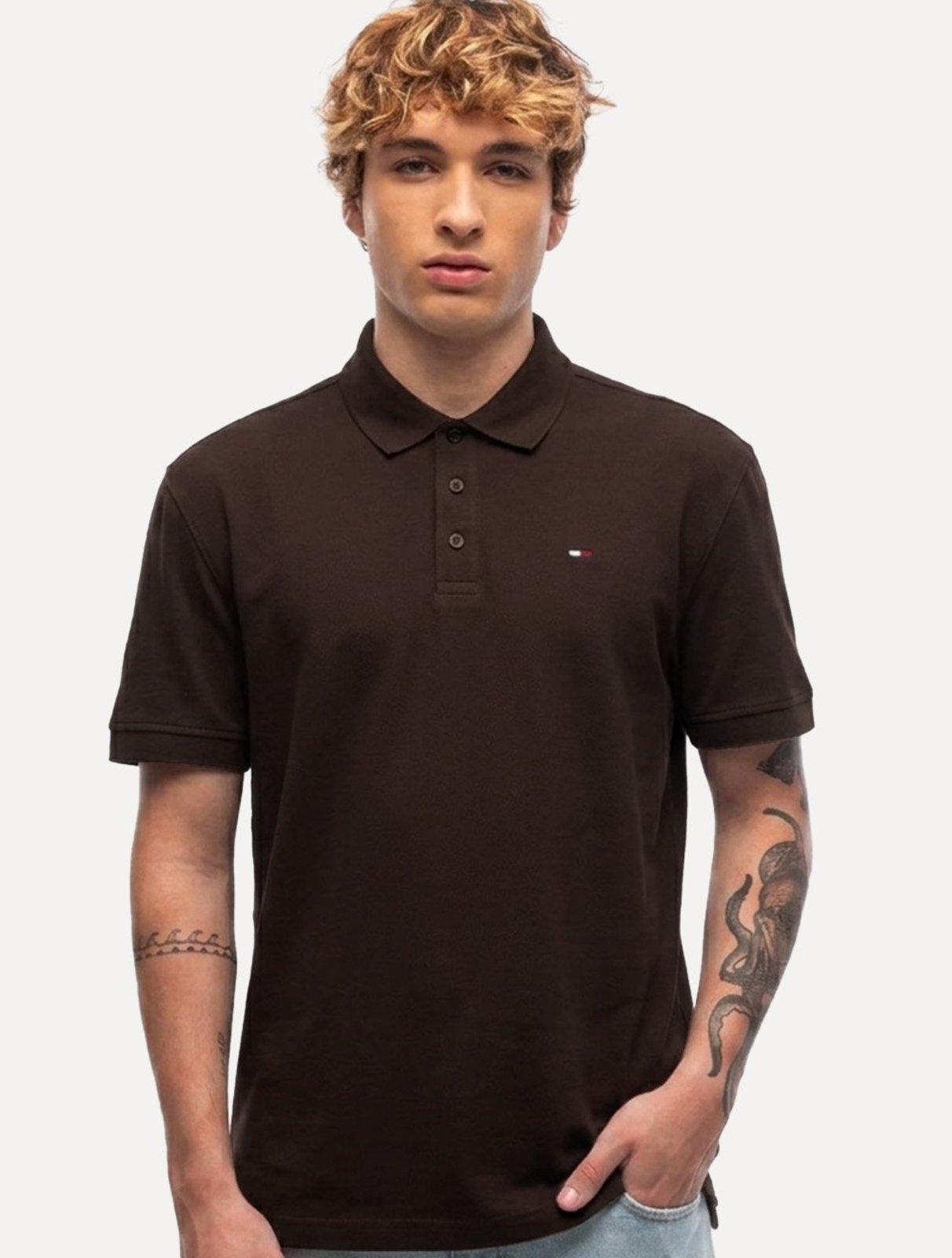 Polo Tommy Hilfiger Masculina Piquet Regular Placket Marrom Escuro