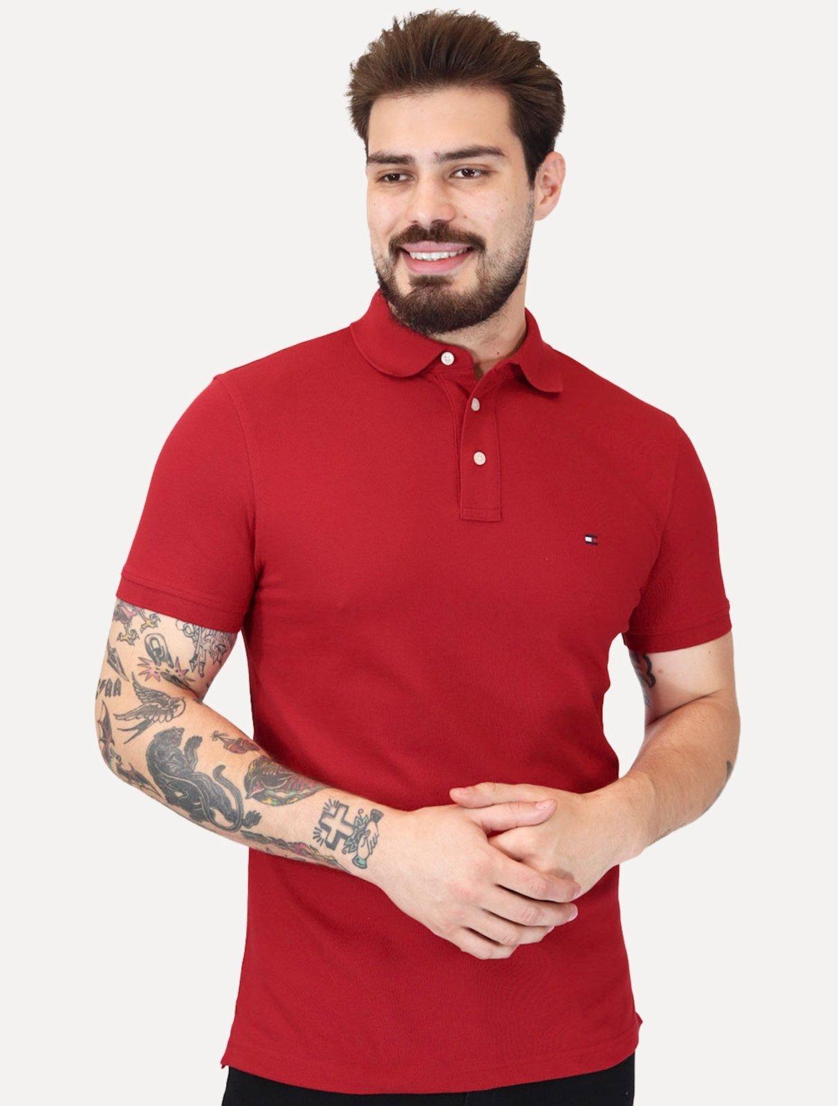 Polo Tommy Hilfiger Masculina Slim Piquet 1985 Light Button Vermelha