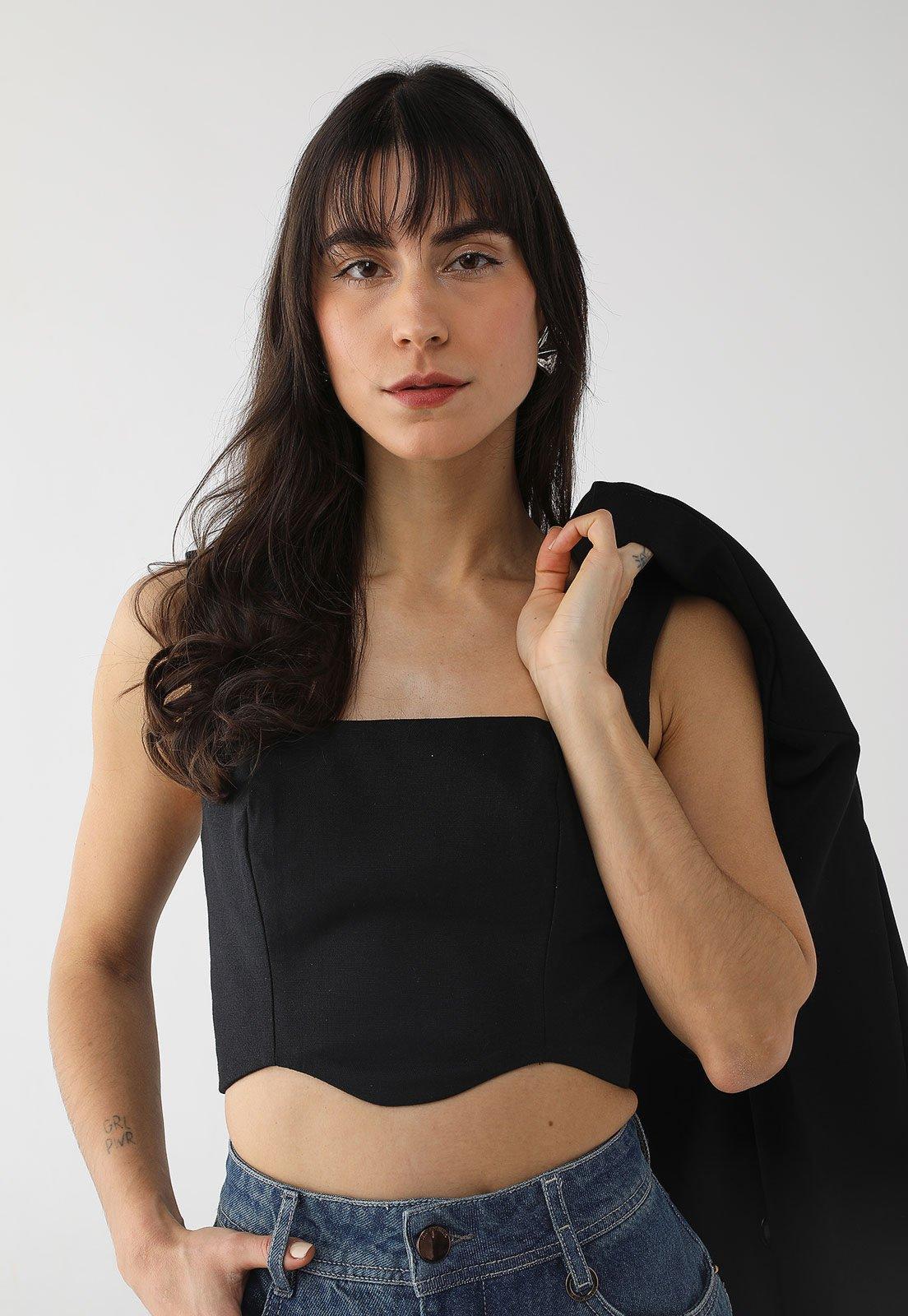 Regata Cropped Lança Perfume Ajustada Ondular Preto
