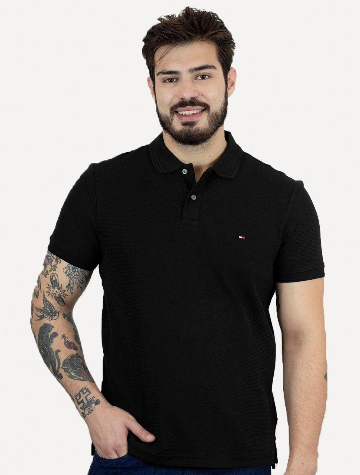 Polo Tommy Hilfiger Masculina Mercerised Jacquard Preta