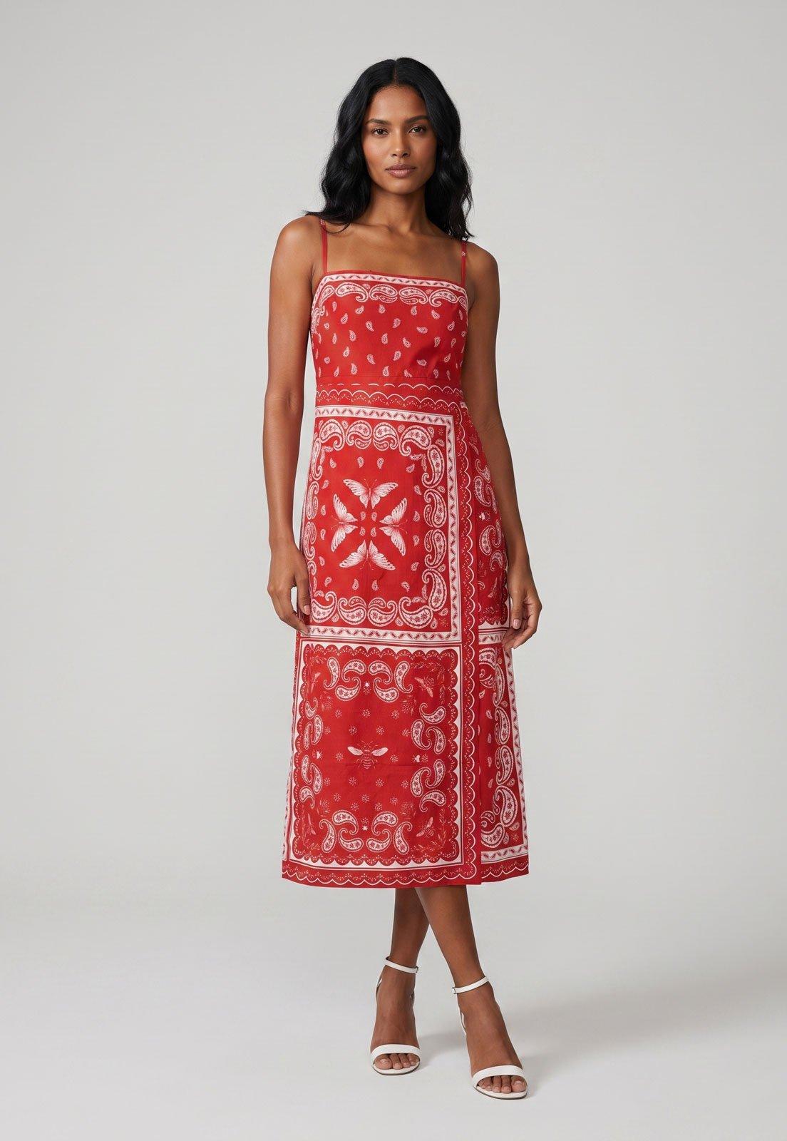 Vestido Feminino FARM Midi Estampado Vermelho
