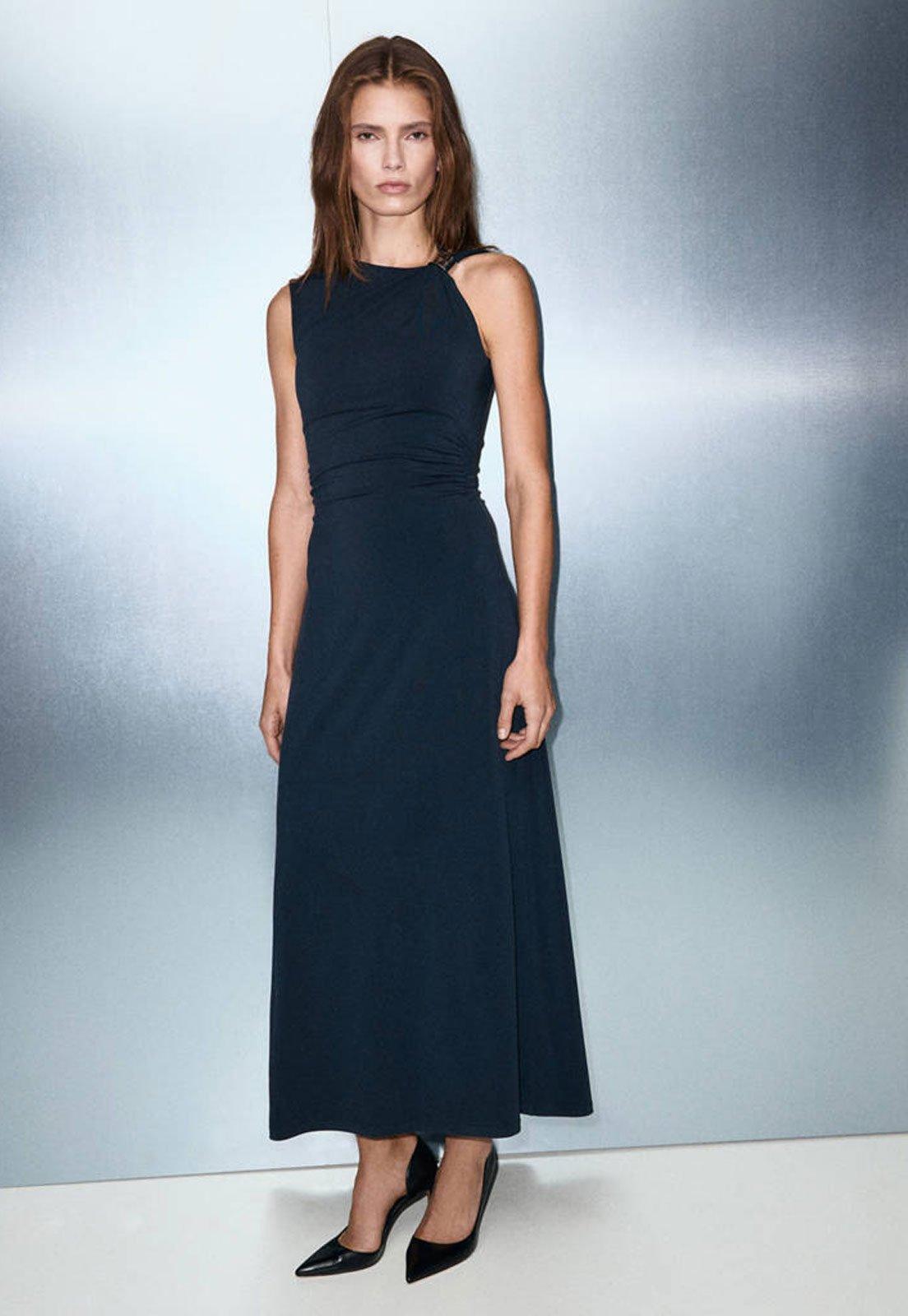 Vestido Feminino Mango Longo Drapeado Alça Fina Preto