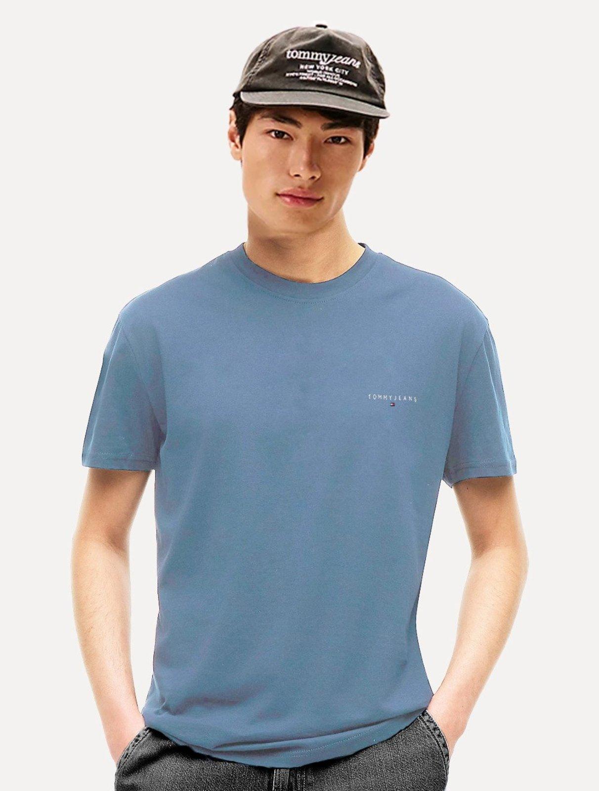 Camiseta Tommy Jeans Masculina Slim Linear Chest Azul Claro