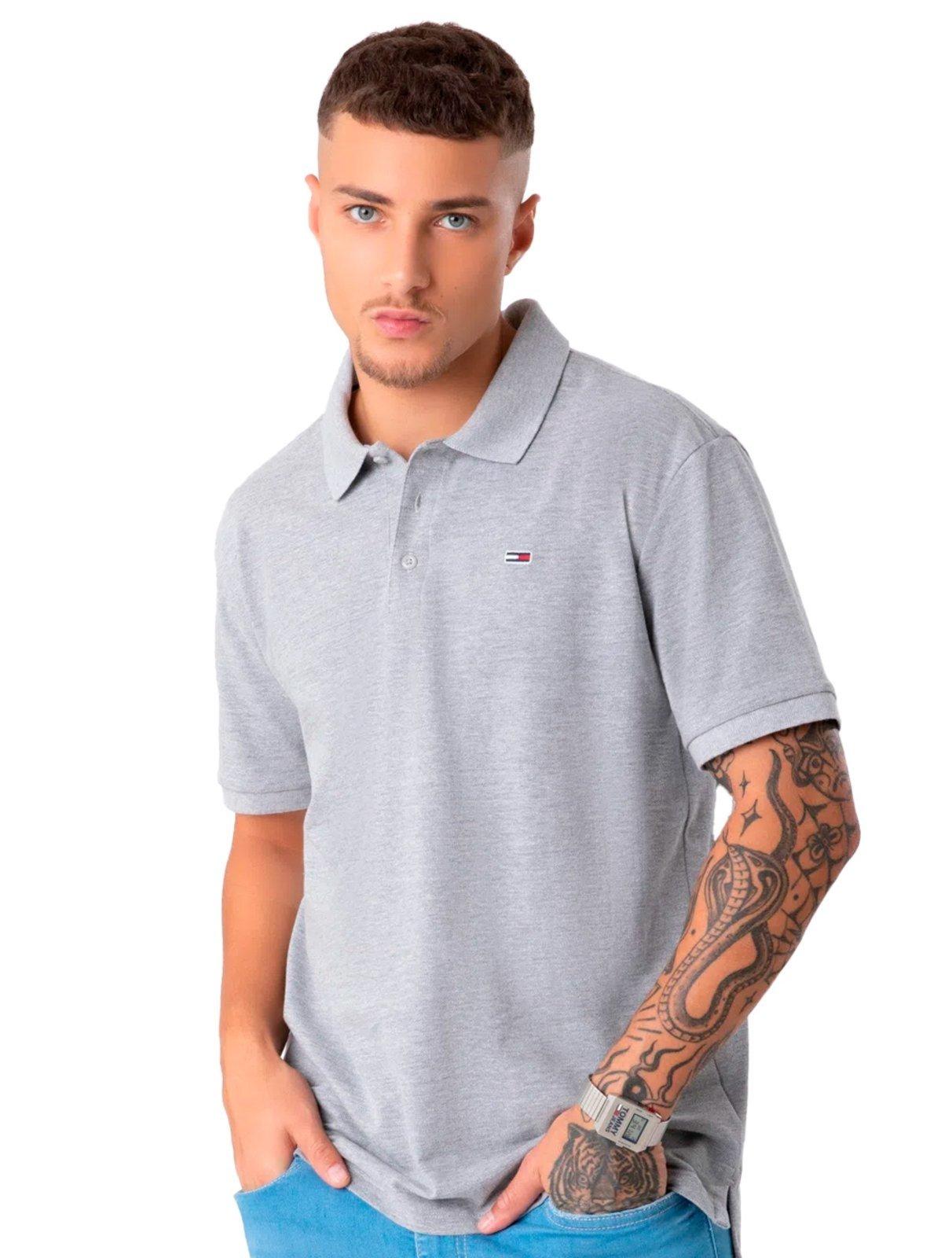 Polo Tommy Jeans Masculina Regular Original Fine Piquet Cinza Mescla