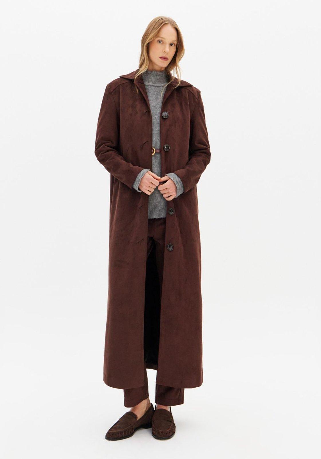 Trench Coat Alongado De Suede Com Botões Lança Perfume