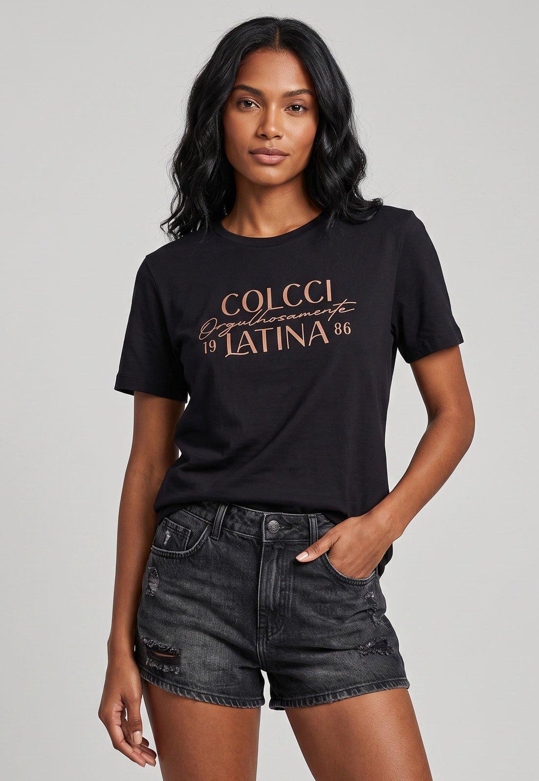 Camiseta Feminina Colcci Estampa Latina Preta