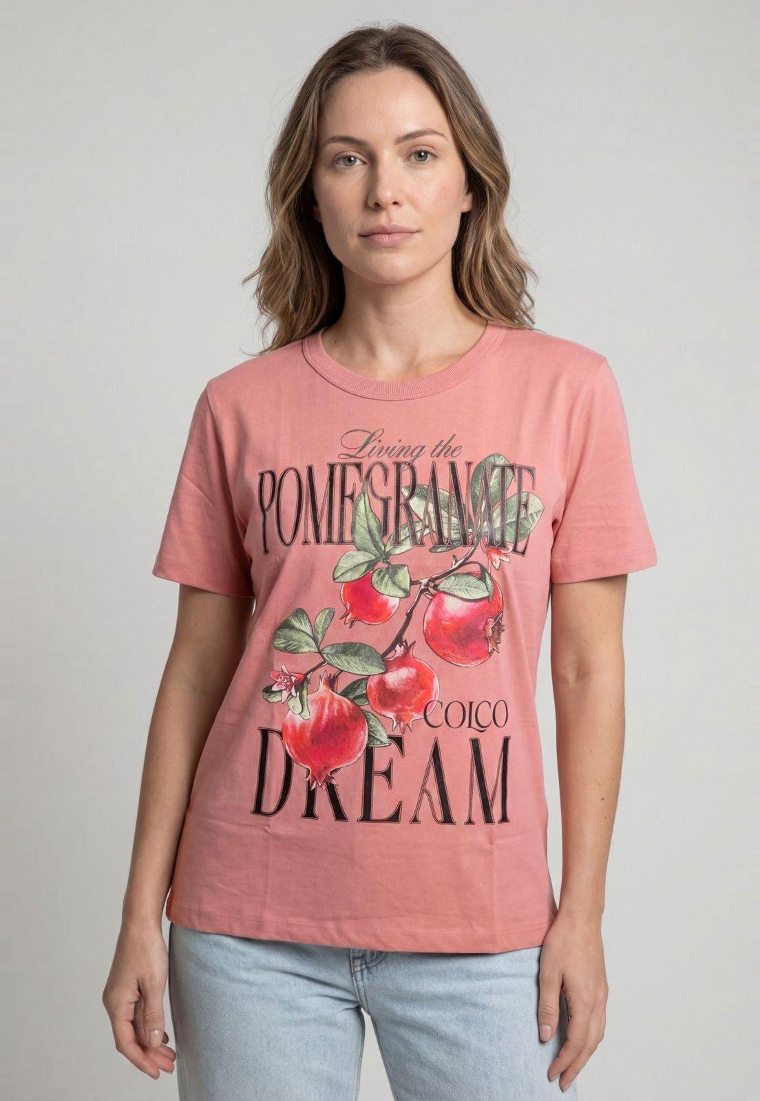 Camiseta Feminina Colcci Estampa Romã Rosa