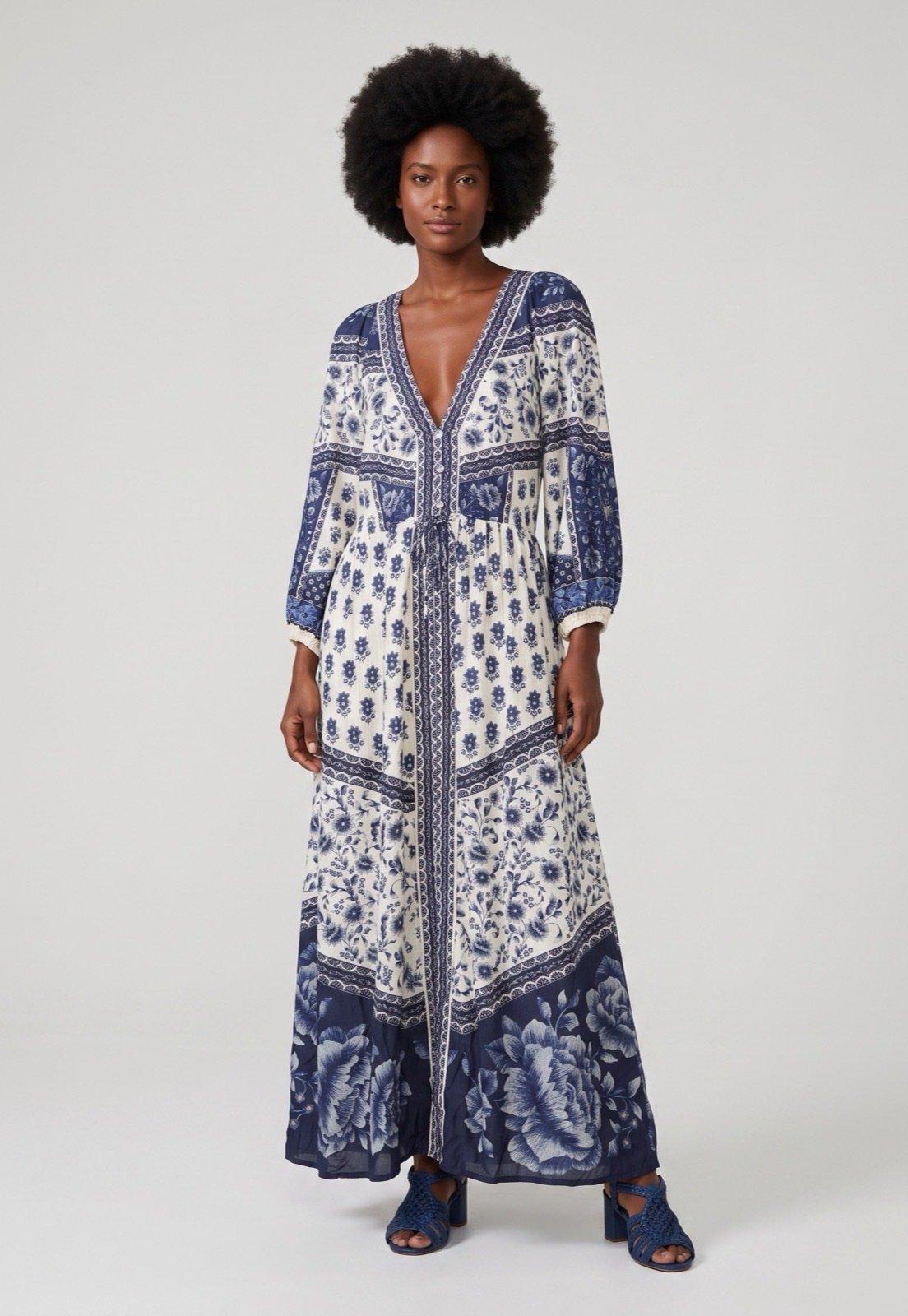 Vestido Longo FARM Estampado Azul