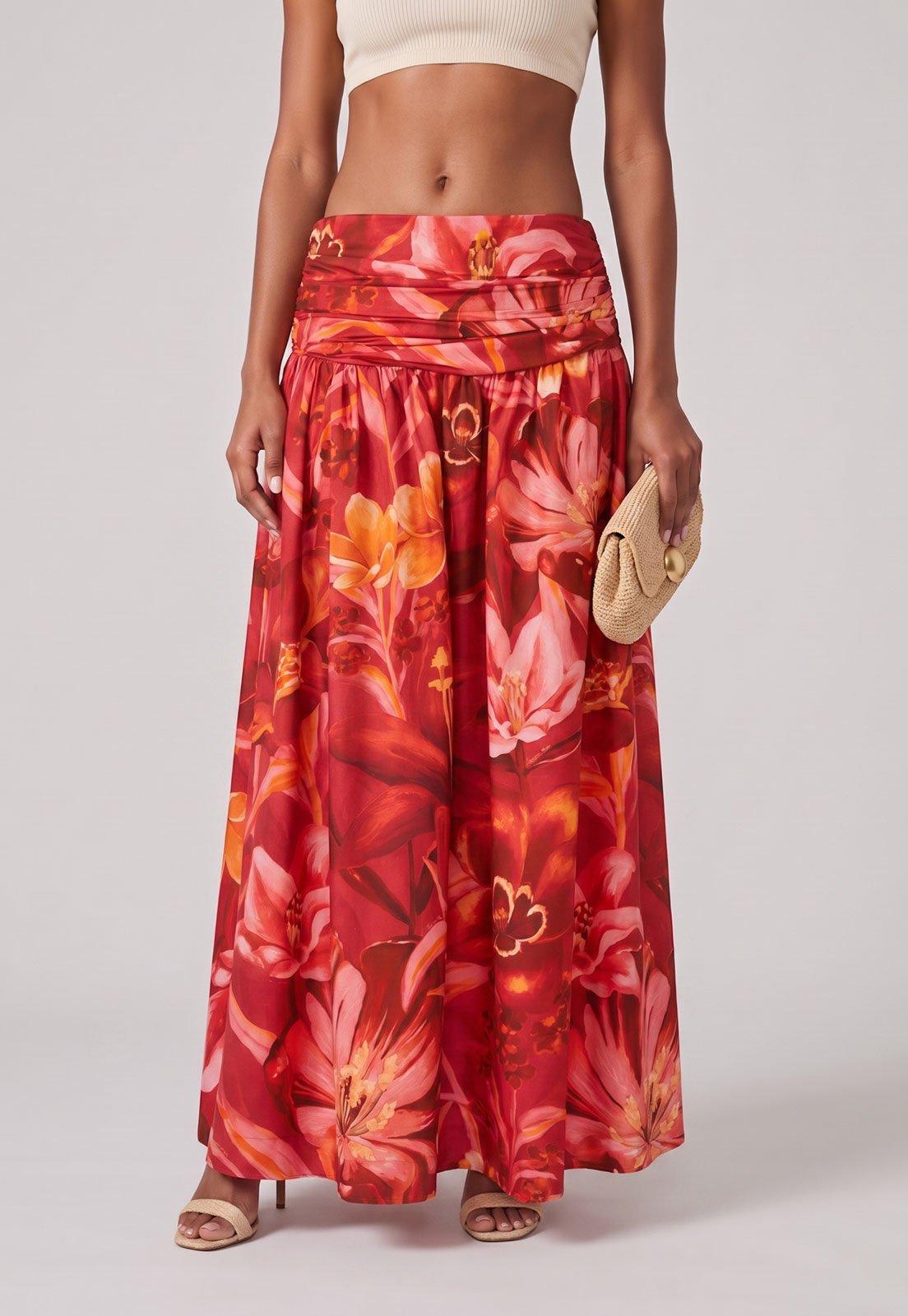 Saia Feminina FARM Longa Floral Vermelha