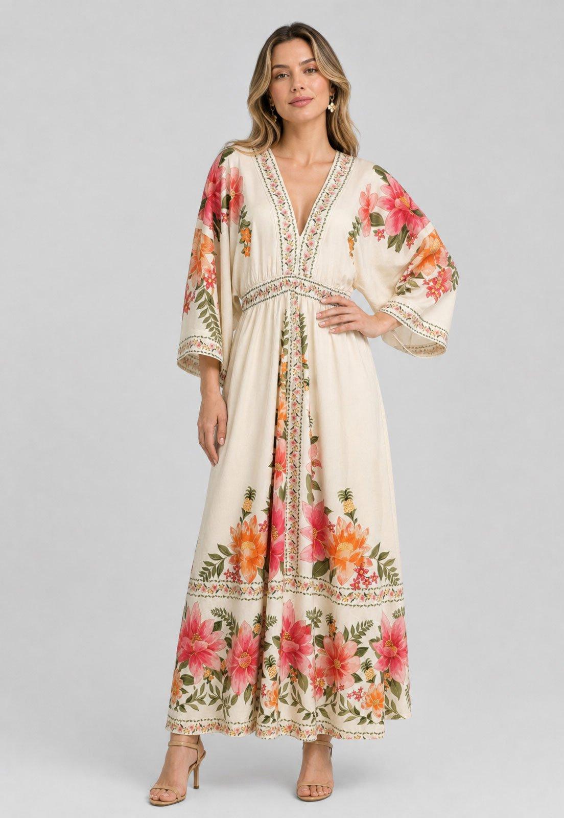 Vestido Feminino FARM Floral Carolina Bege