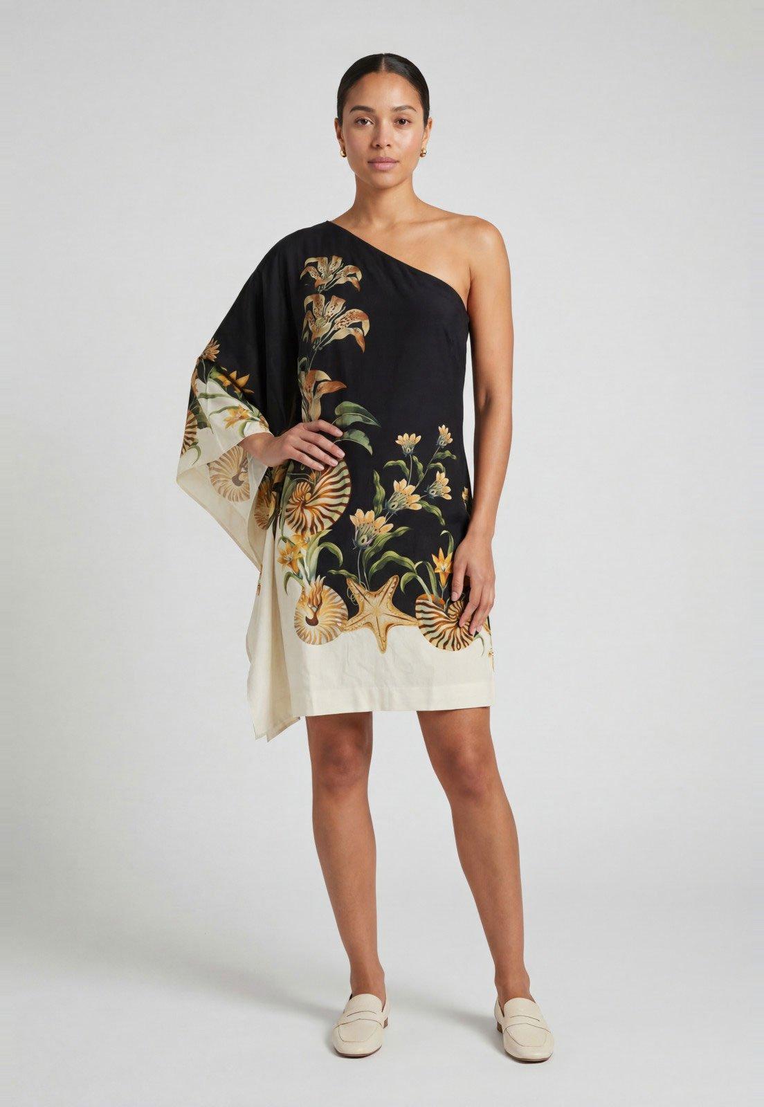 Vestido Feminino FARM Um Ombro Estampa Floral Preto