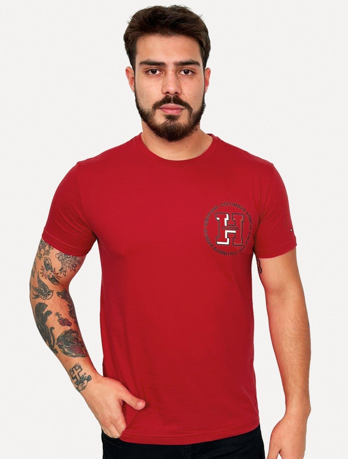 Camiseta Tommy Hilfiger Masculina Columbus H Roundle Logo Vermelho