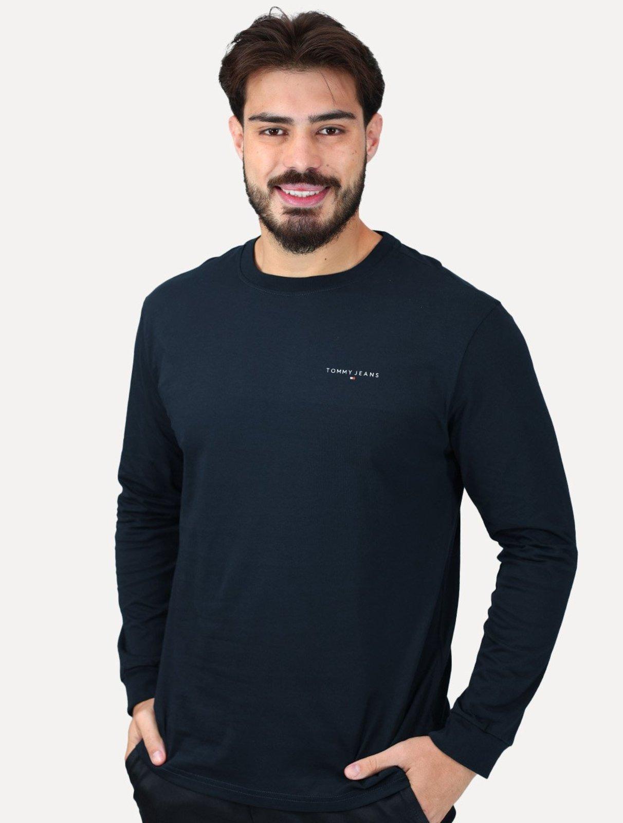 Camiseta Tommy Jeans Masculina Slim Manga Longa Linear Chest Azul Marinho