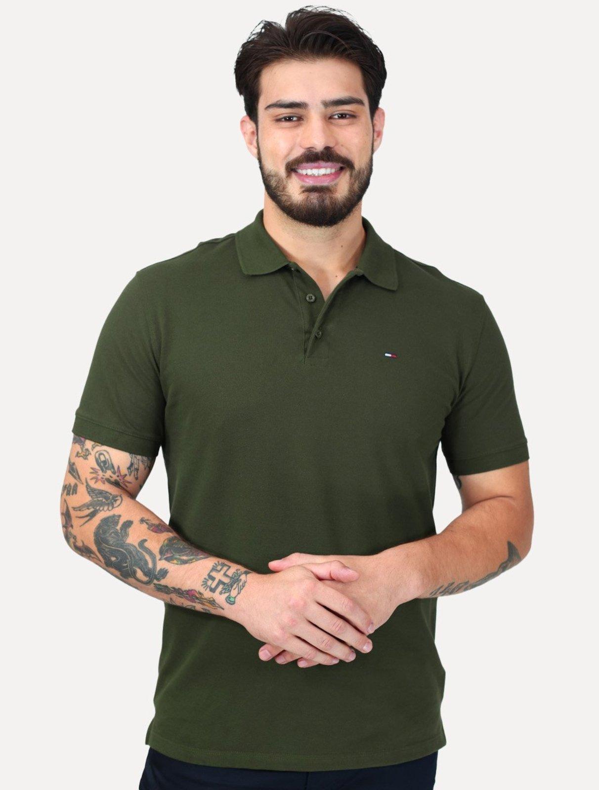 Polo Tommy Hilfiger Masculina Piquet Regular Placket Verde Escuro