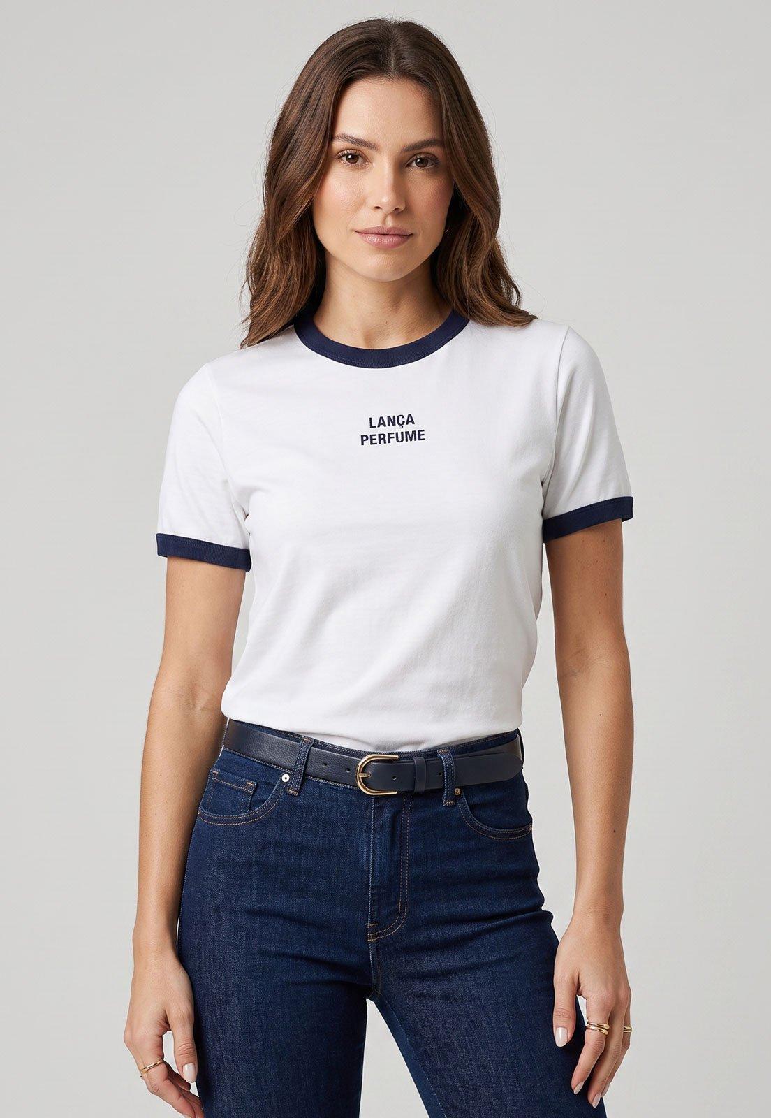 Camiseta Feminina Lança Perfume Gola Contrastante Branca