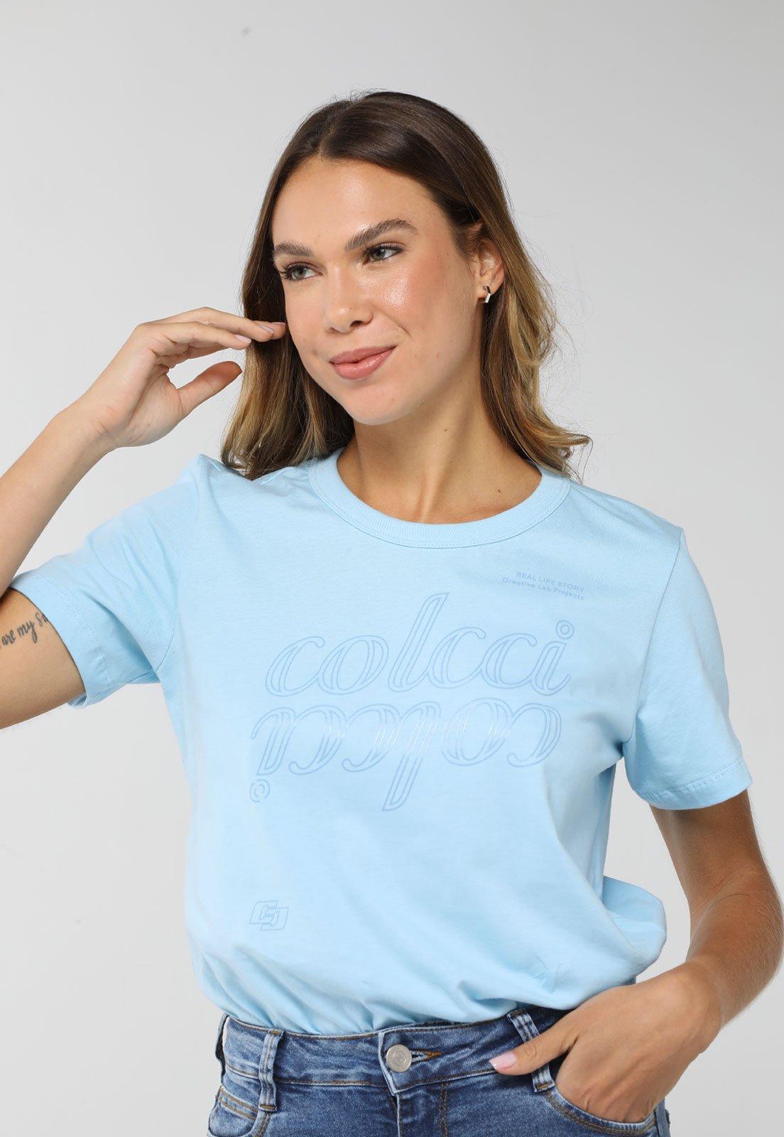 Camiseta Feminina Colcci Estampa Frontal Azul Claro