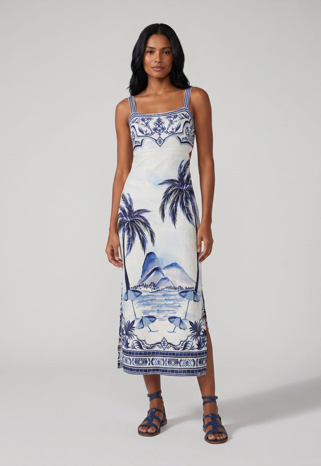 Vestido Feminino FARM Midi Floral Azul