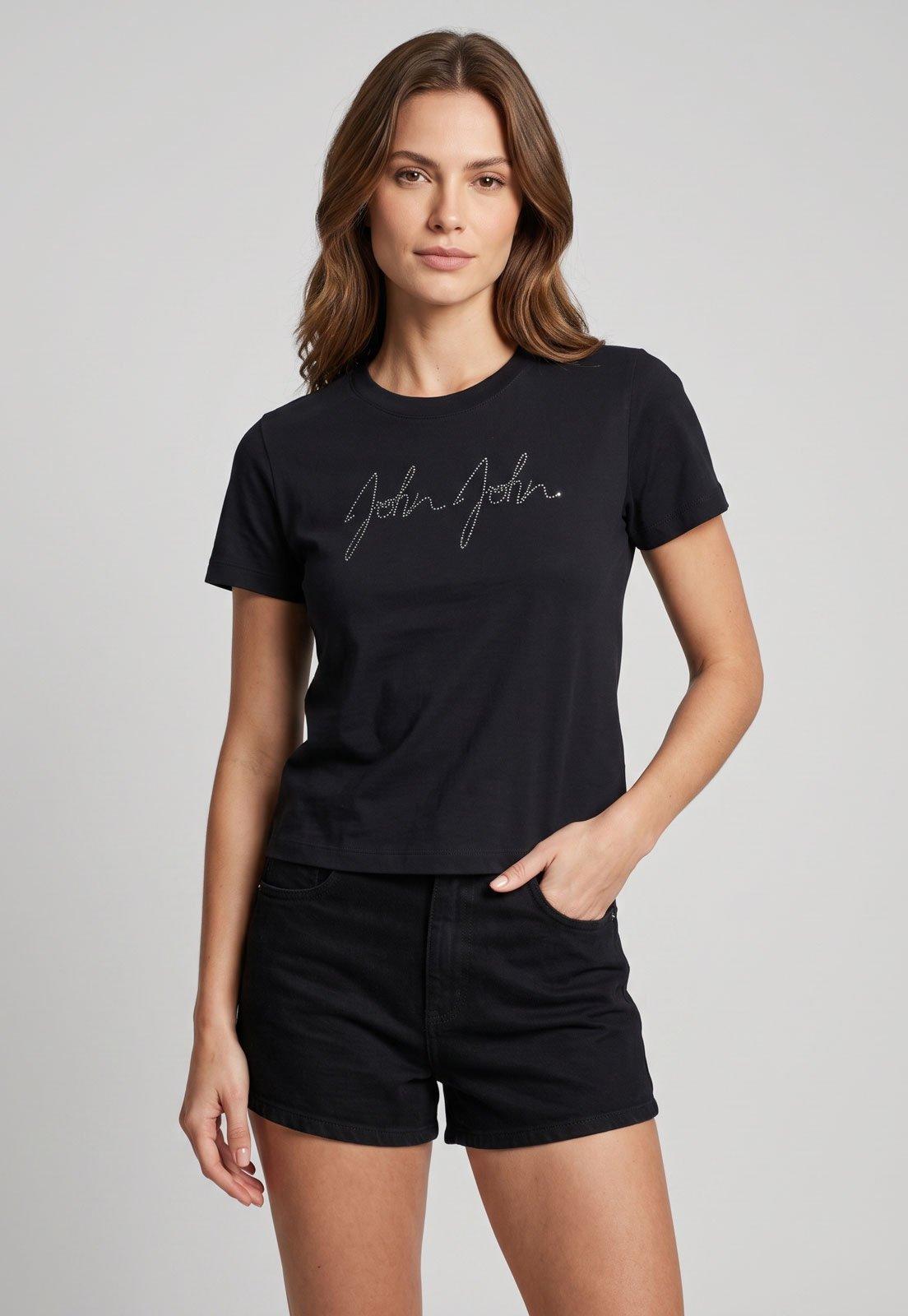Camiseta Feminina John John Logo Bordado Preta