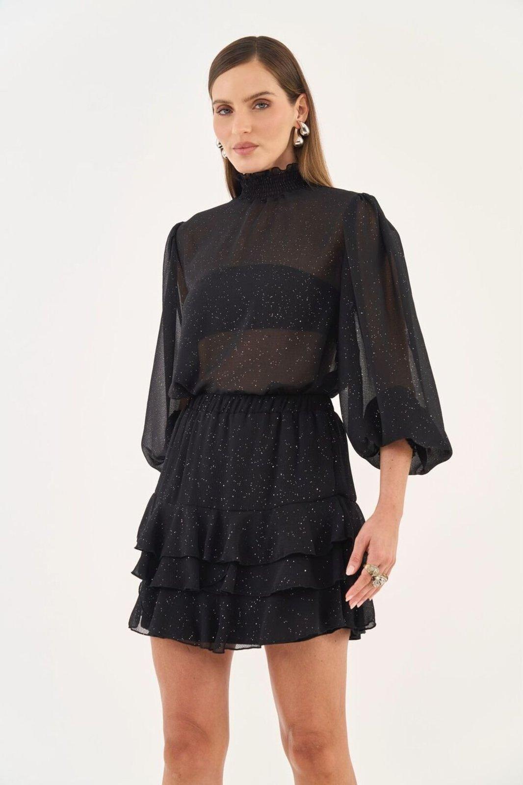 Blusa Solta Mangas Bufantes Com Brilho Colcci Preto/Prata