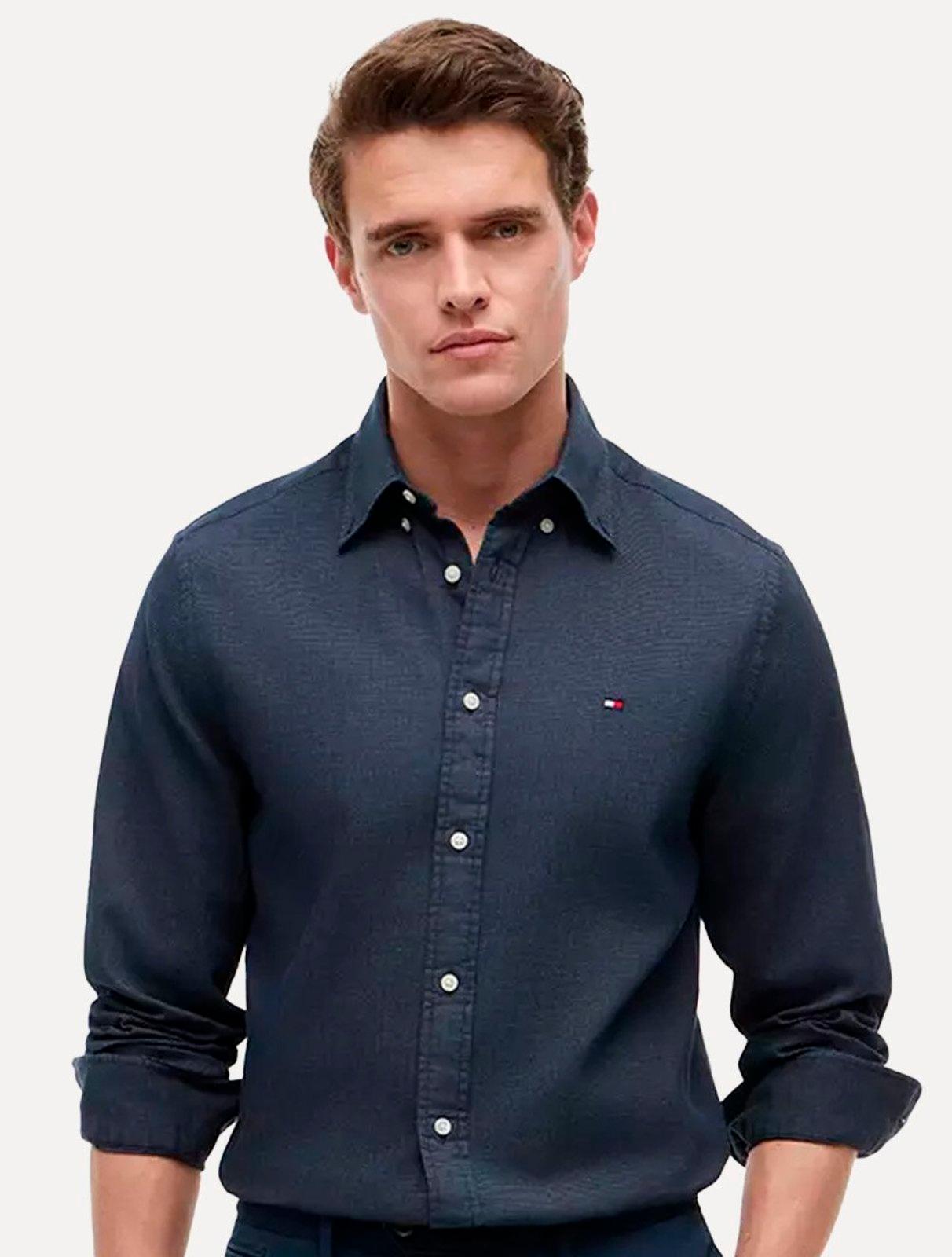 Camisa Tommy Hilfiger Masculina Regular Flex Pop Dobby Azul Escuro