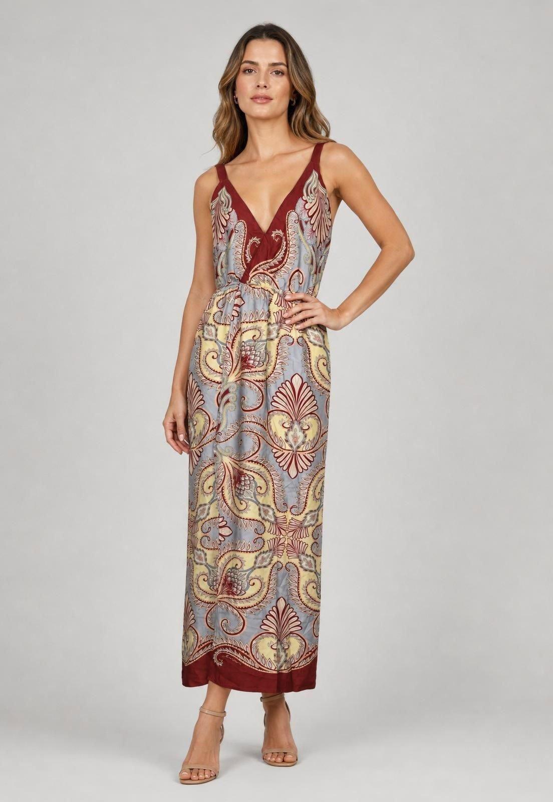 Vestido Feminino FARM Longo Alça Fina Estampado Azul