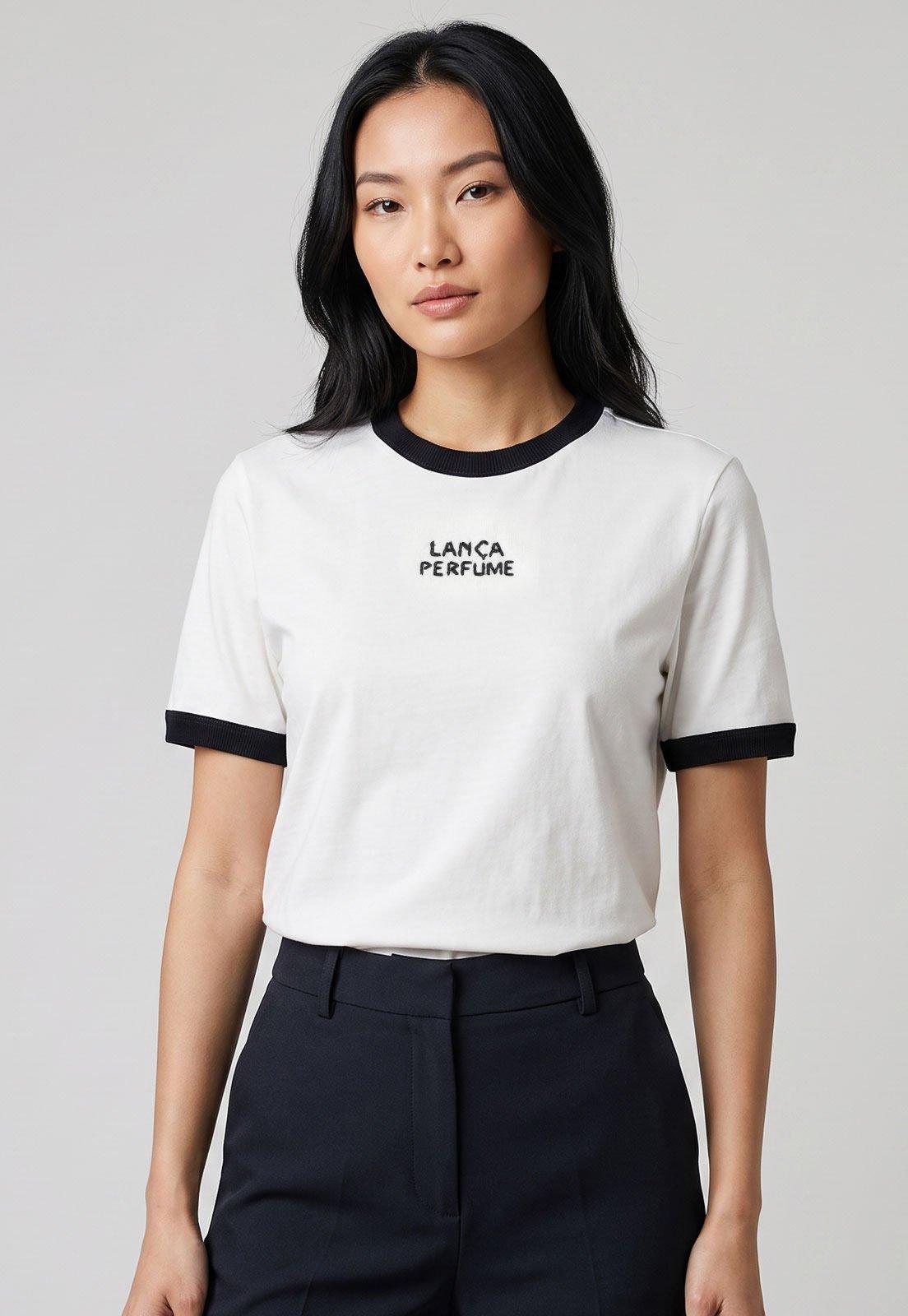 Camiseta Feminina Lança Perfume Gola Contraste Branca