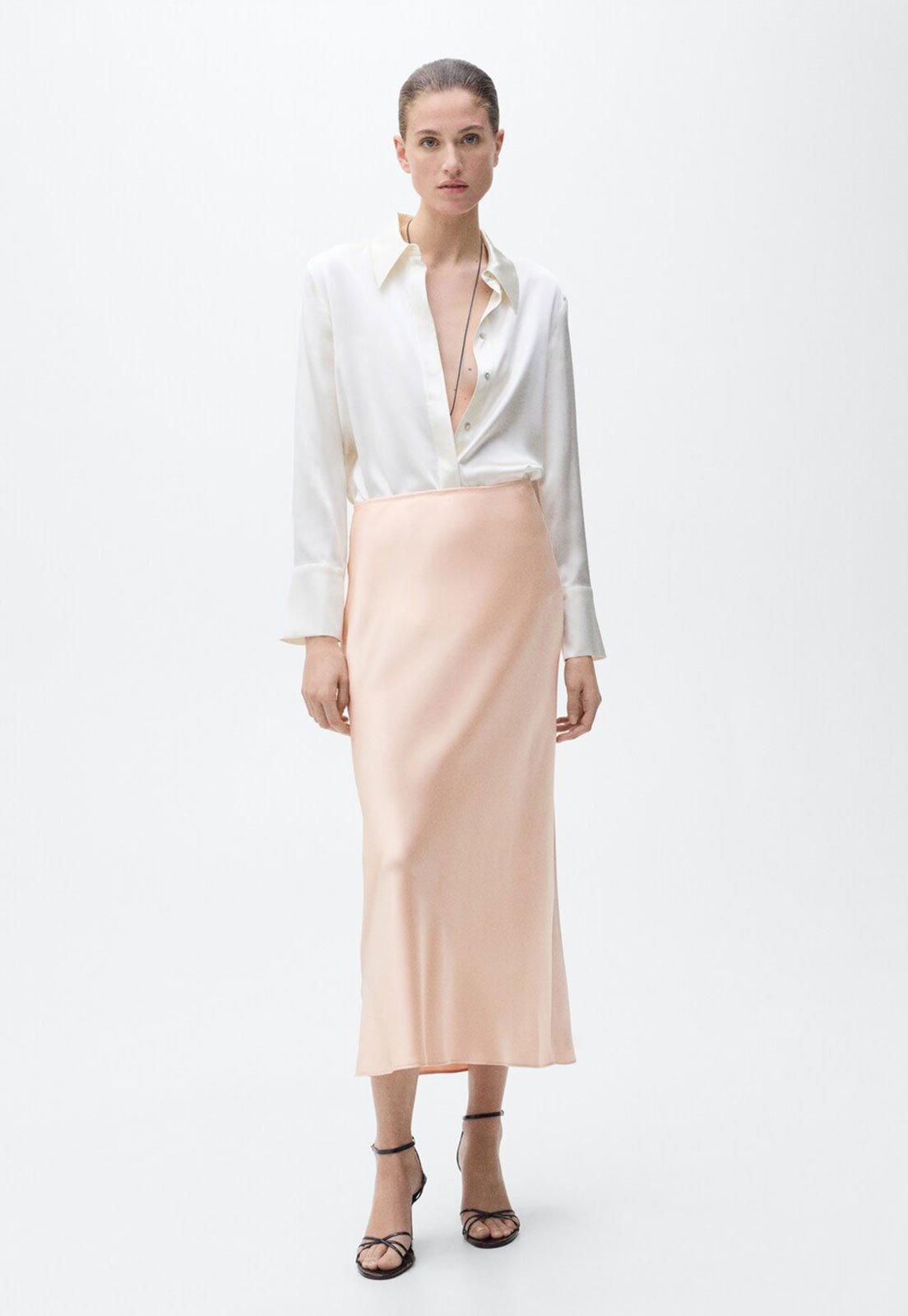 Saia Mango Midi Acetinada Rosa