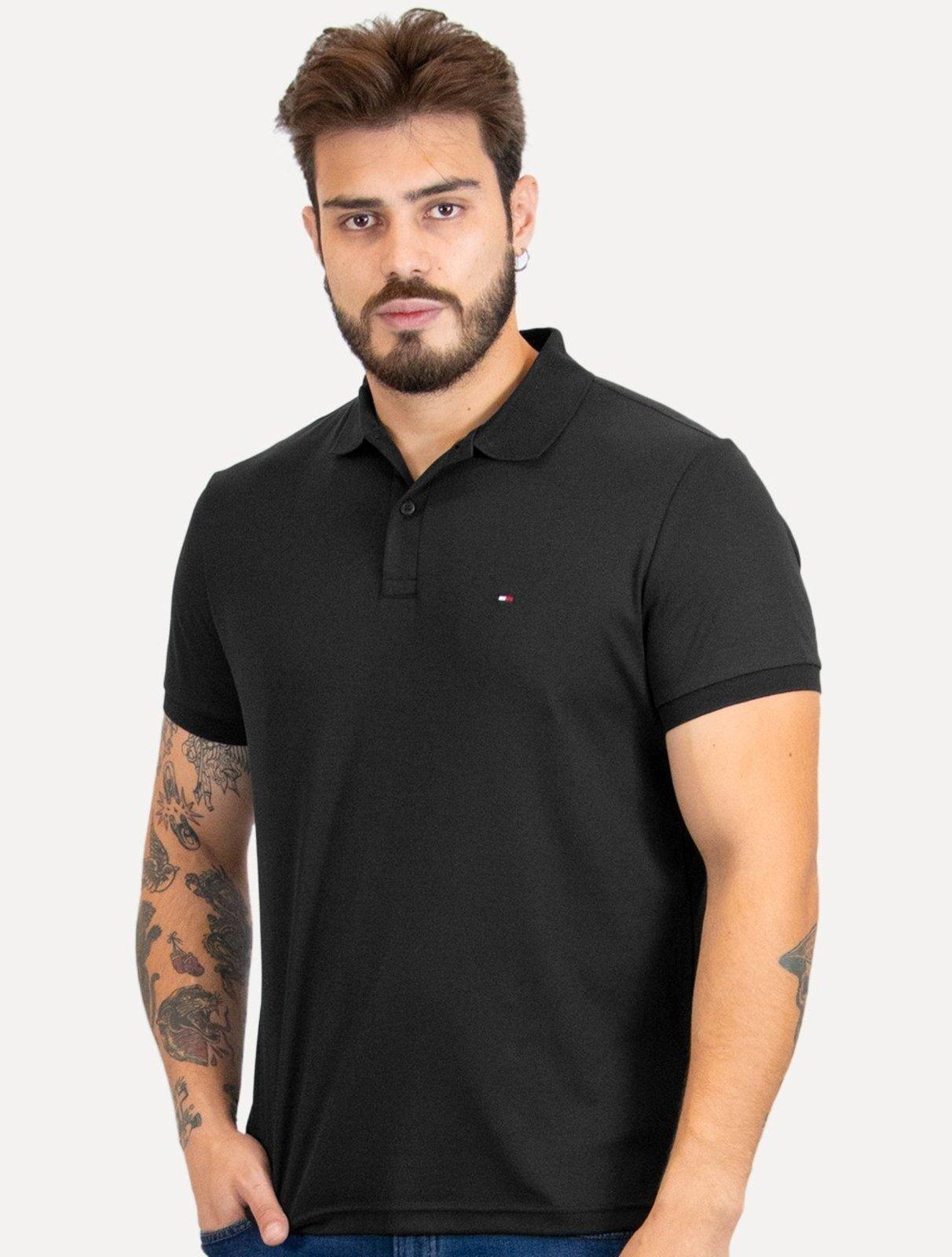 Polo Tommy Hilfiger Masculina Malha Liquid Cotton Essential Preta