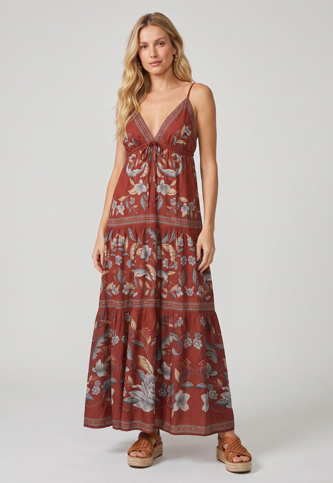 Vestido Feminino FARM Longo Estampado Vermelho