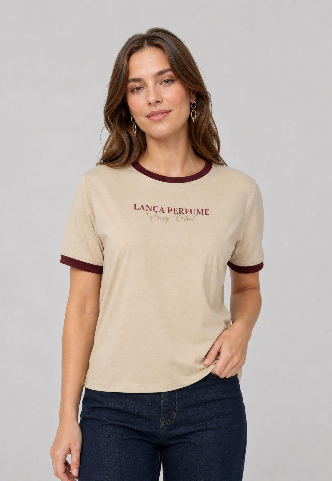 Camiseta Feminina Lança Perfume Gola Contrastante Bege
