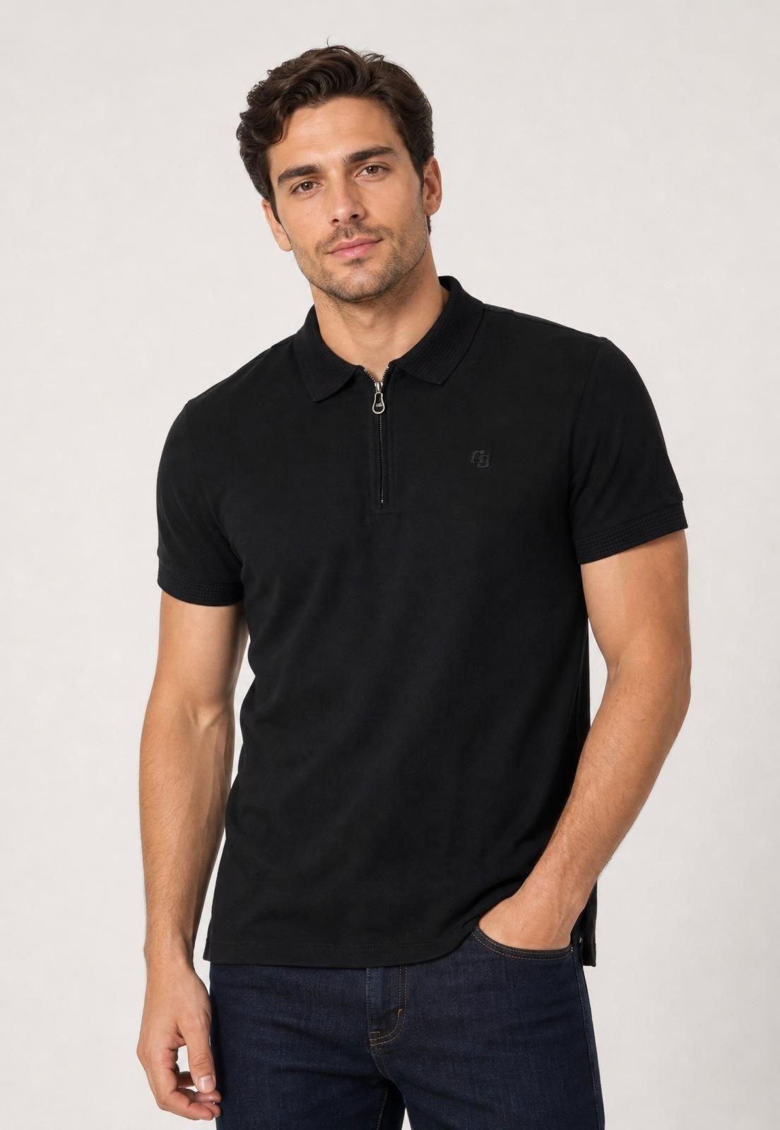 Camisa Polo Masculina Colcci Gola Com Zíper Preta