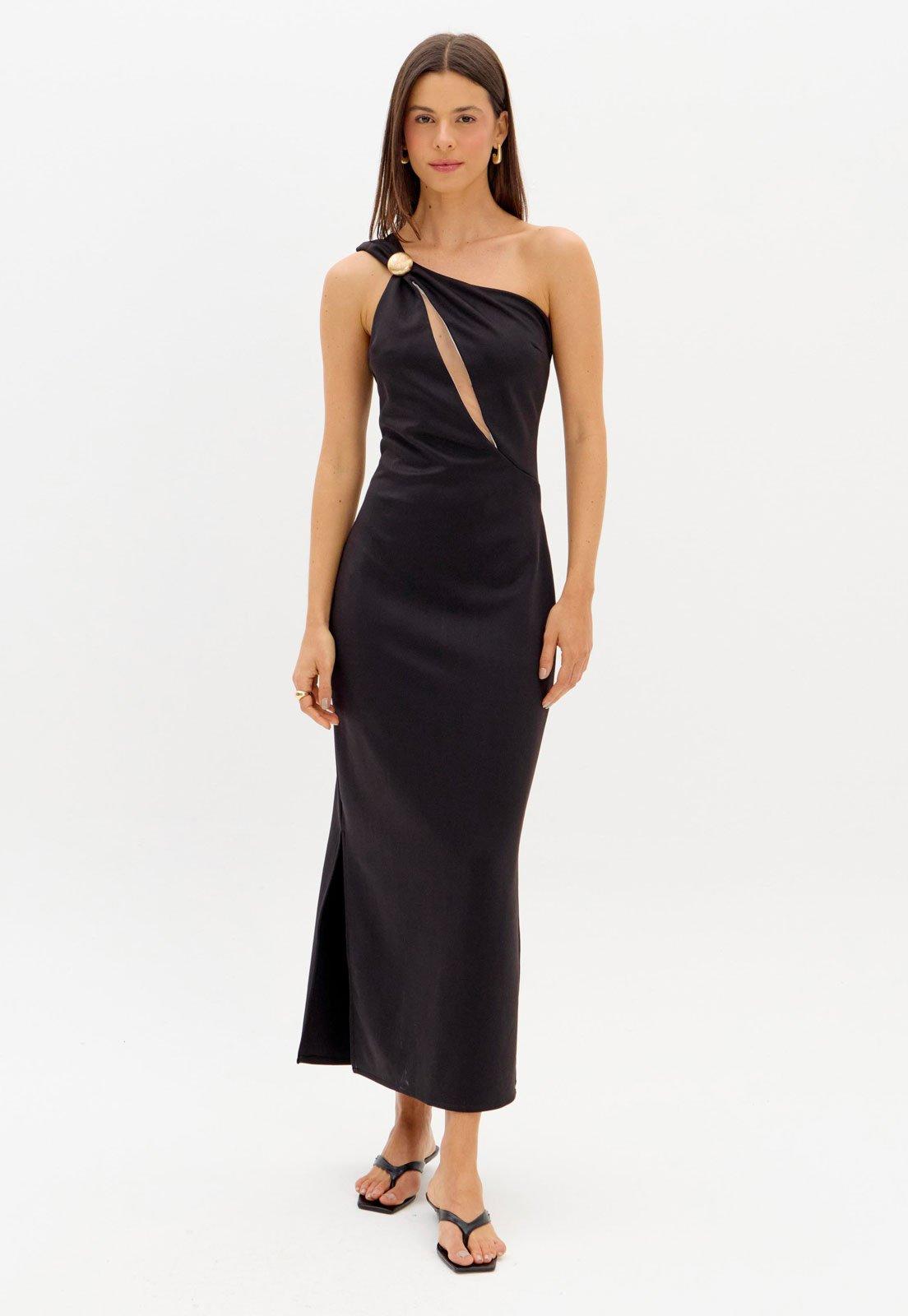 Vestido Feminino Lança Perfume Longo Um Ombro Recorte Preto