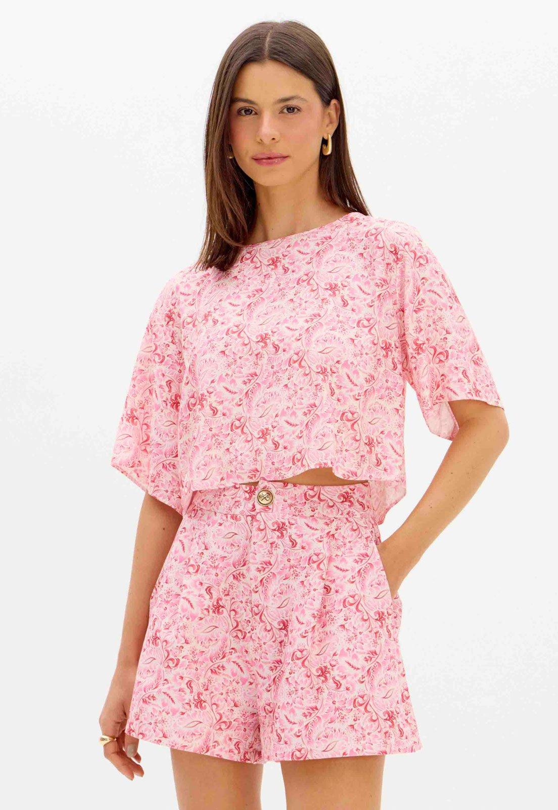 Blusa Feminina Lança Perfume Floral Cropped Rosa