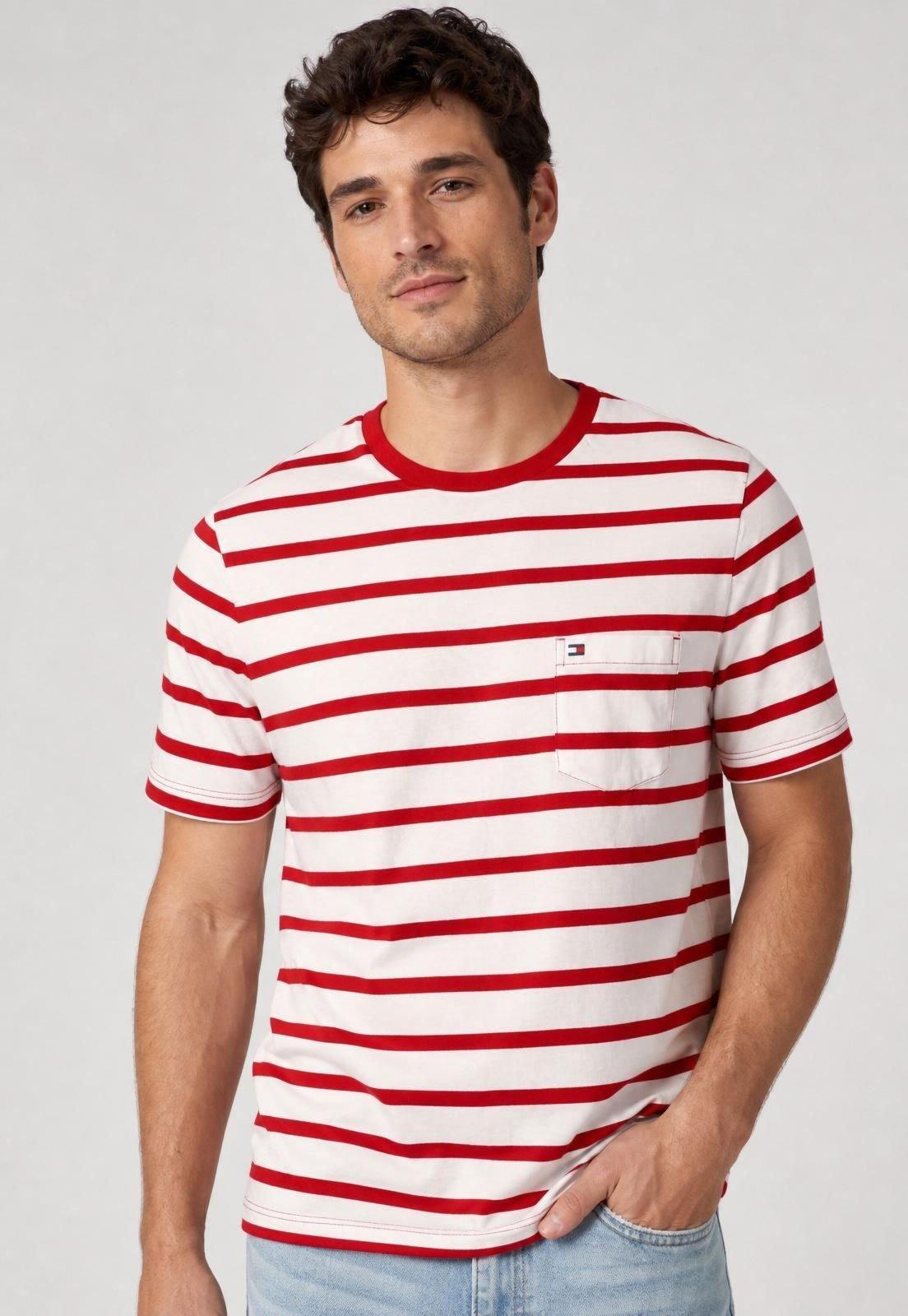 Camiseta Masculina Tommy Hilfiger Listrada Vermelha