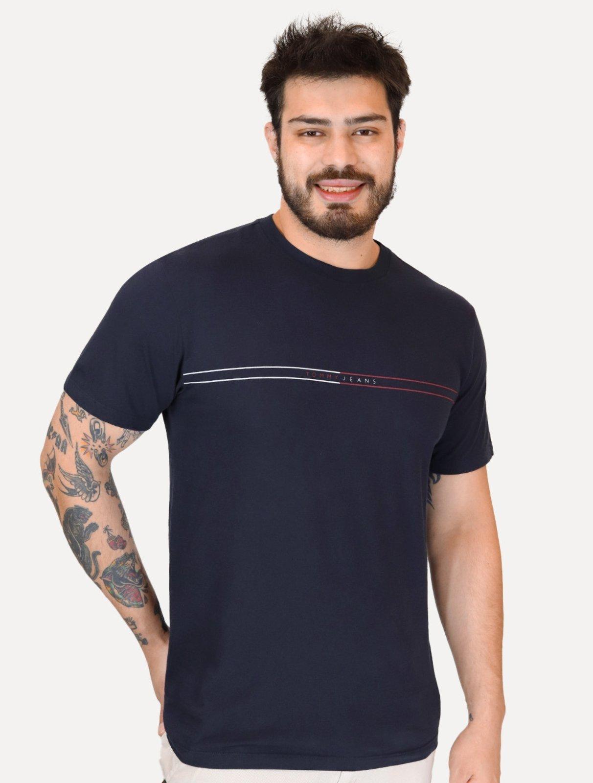 Camiseta Tommy Jeans Masculina Core Linear Stripe Logo Azul Marinho