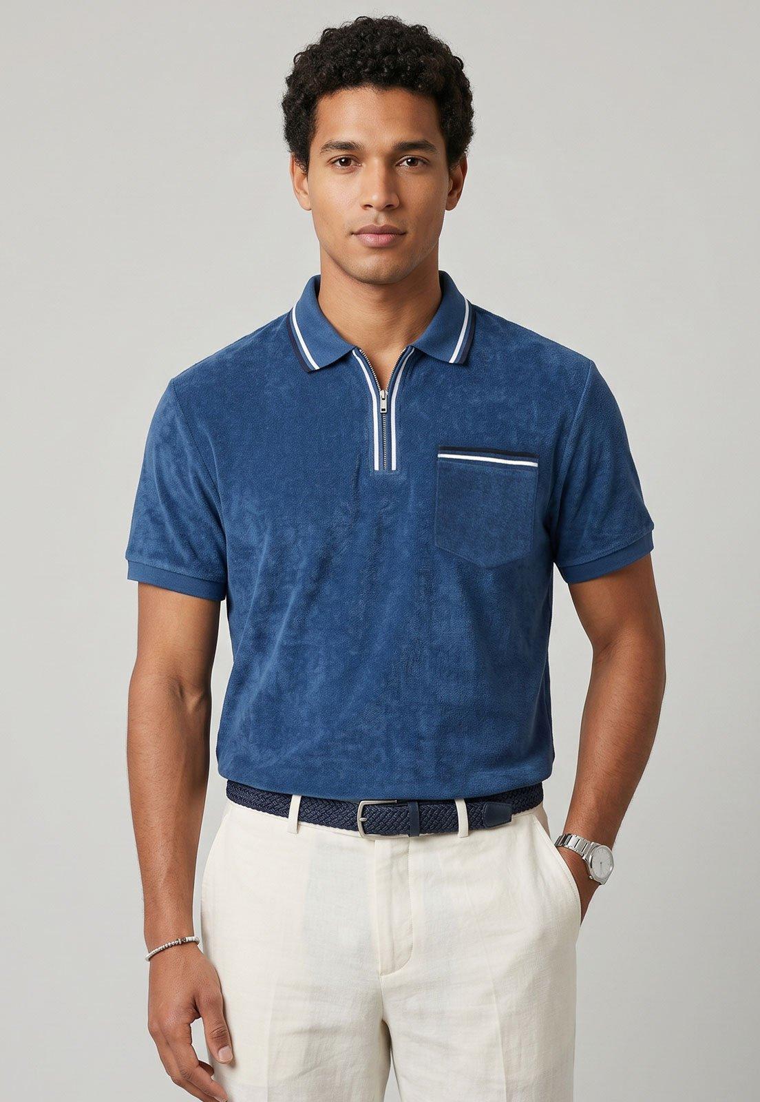 Camisa Polo Masculina Tommy Hilfiger Towelling Zip Classic Azul