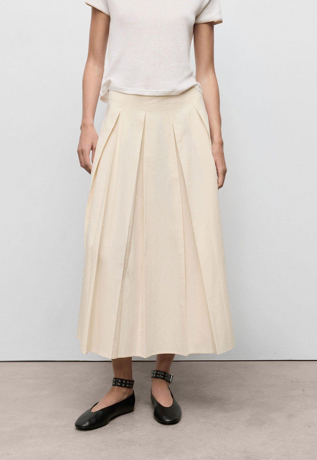 Saia Feminina Mango Patri Midi Pregas Algodão Off-White